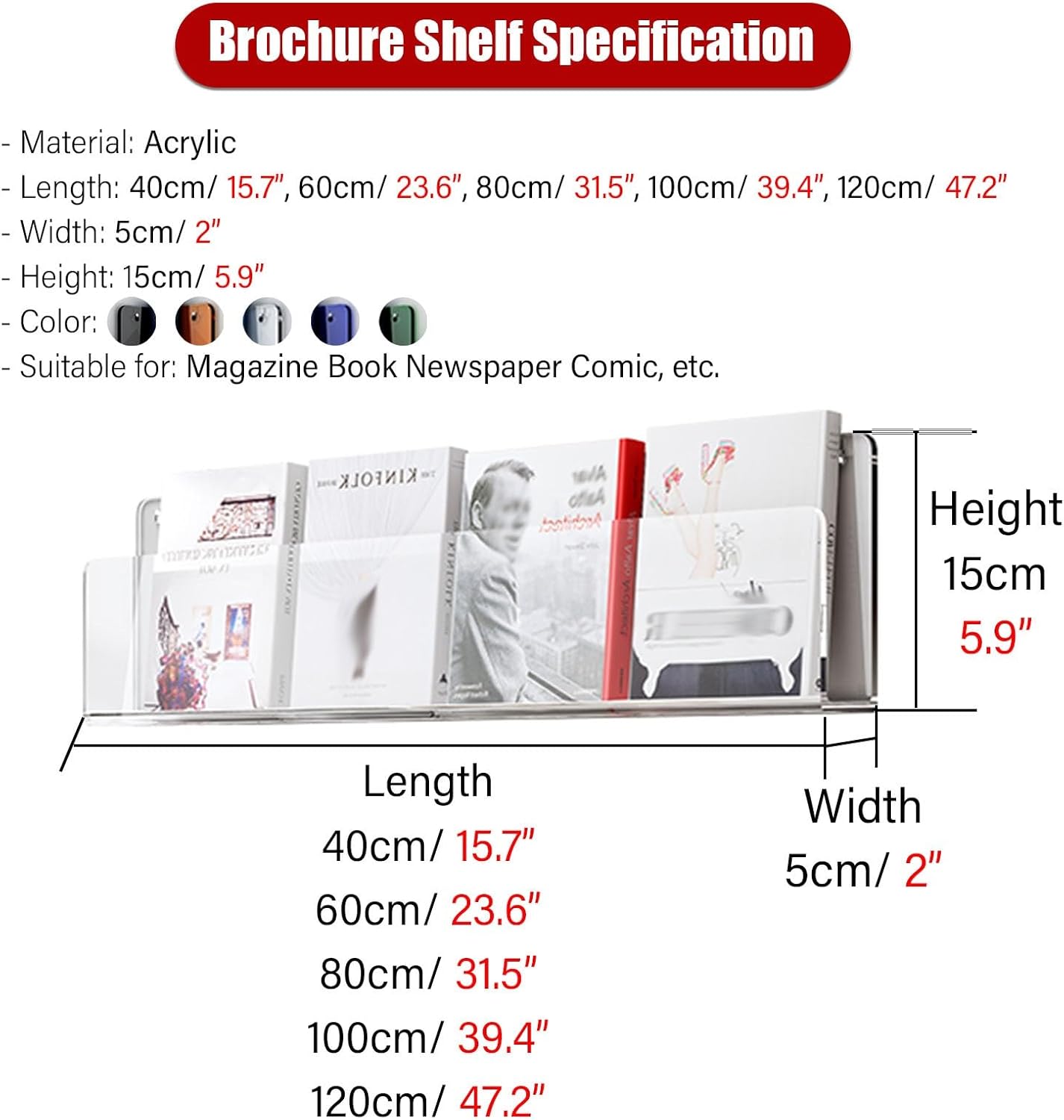 Wall Mount Acrylic Brochure Holder - Magazine Shelf Display Rack for Books, Newspapers, Pamphlets - No Drill, 1/2/3 Pack - Green & Blue Literature Organizer