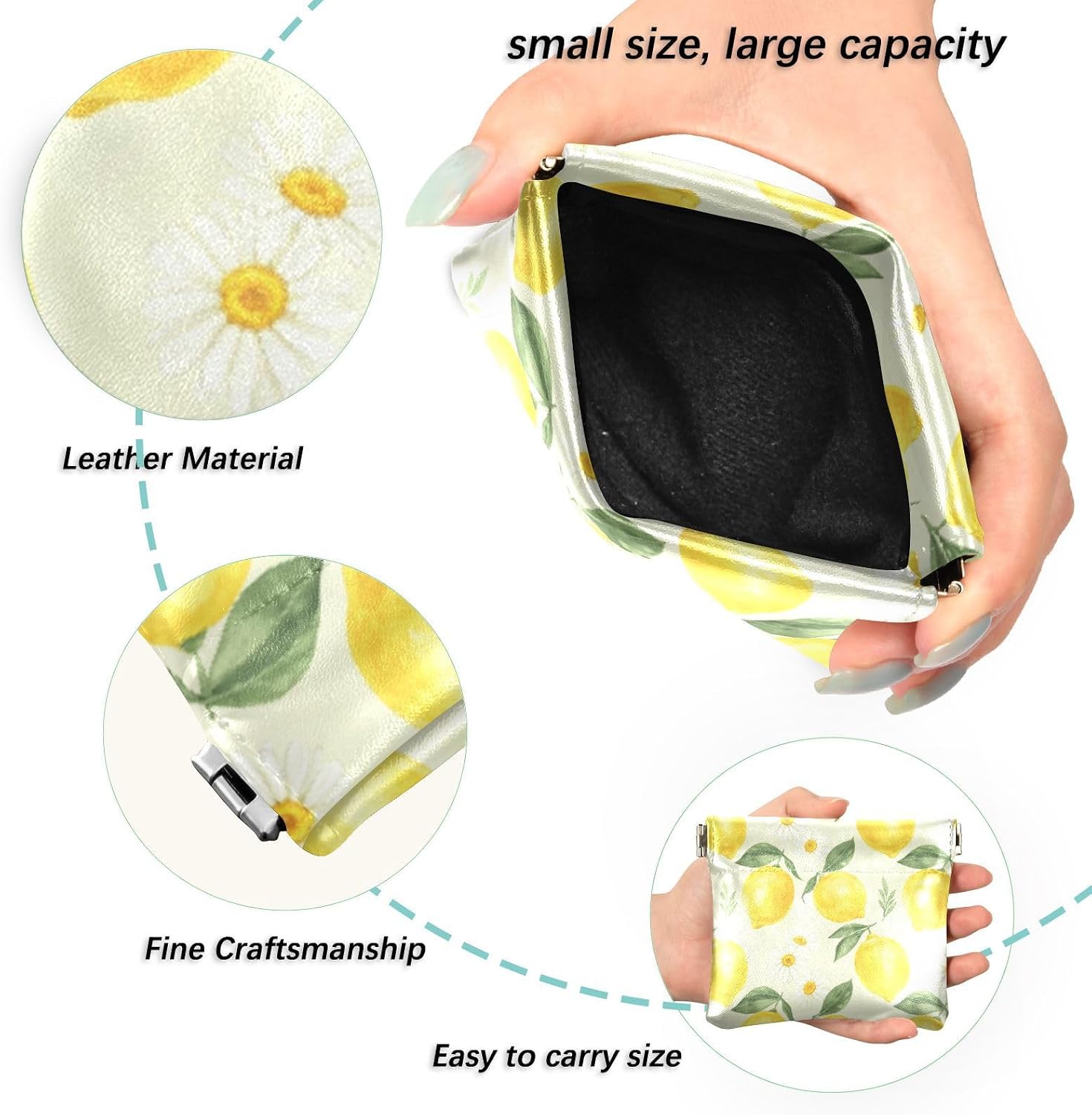 Lemon and Daisies Leather Coin Purse No Zipper Coin Purses & Pouches Wallets, Leather Change Purse Card Cases for Women and Men