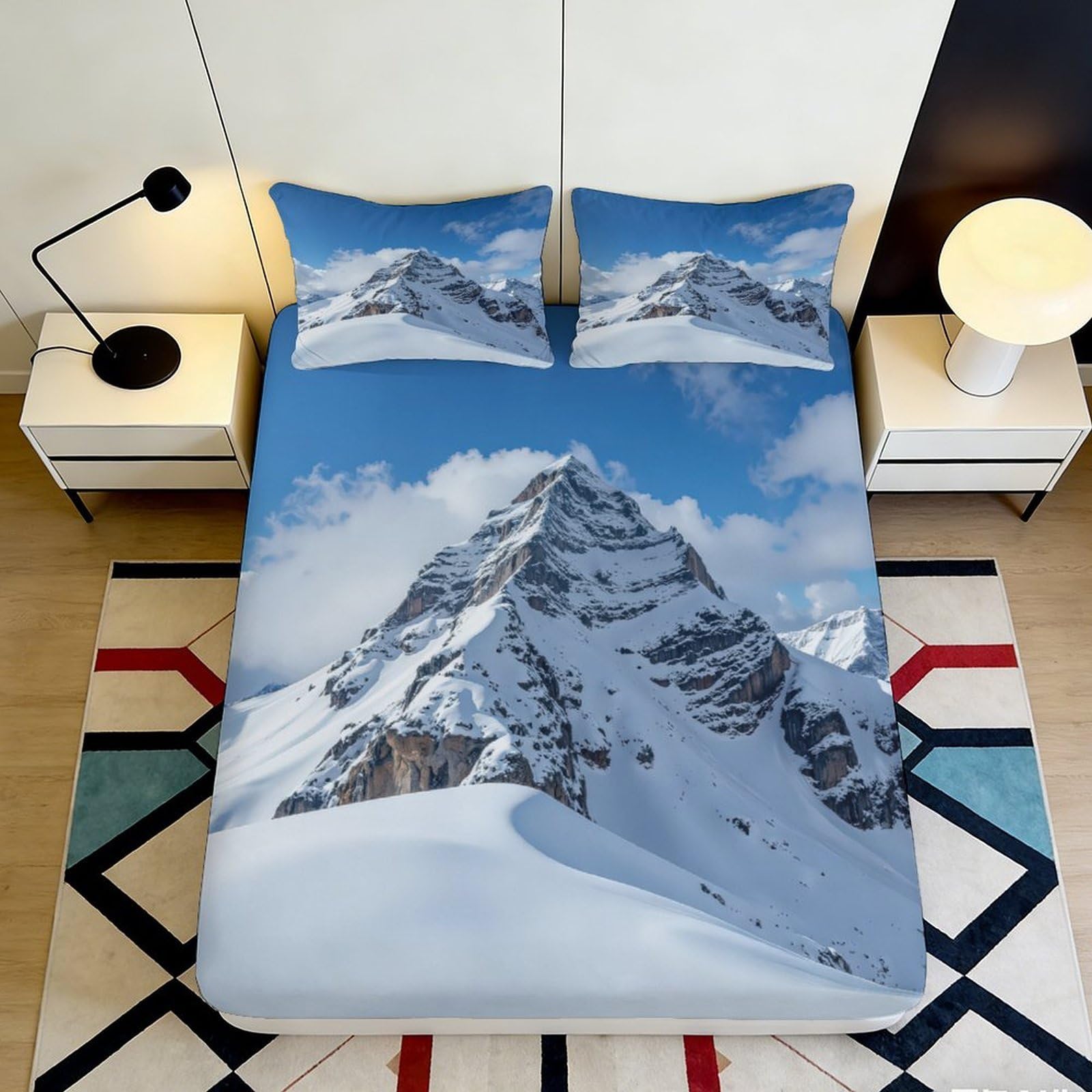 3D Printed Snow Mountain Fitted Sheet Microfiber Soft Breathable Alpine Peak Bed Cover for Bedroom Dorm Mattress Protection Decor 200x200x25cm