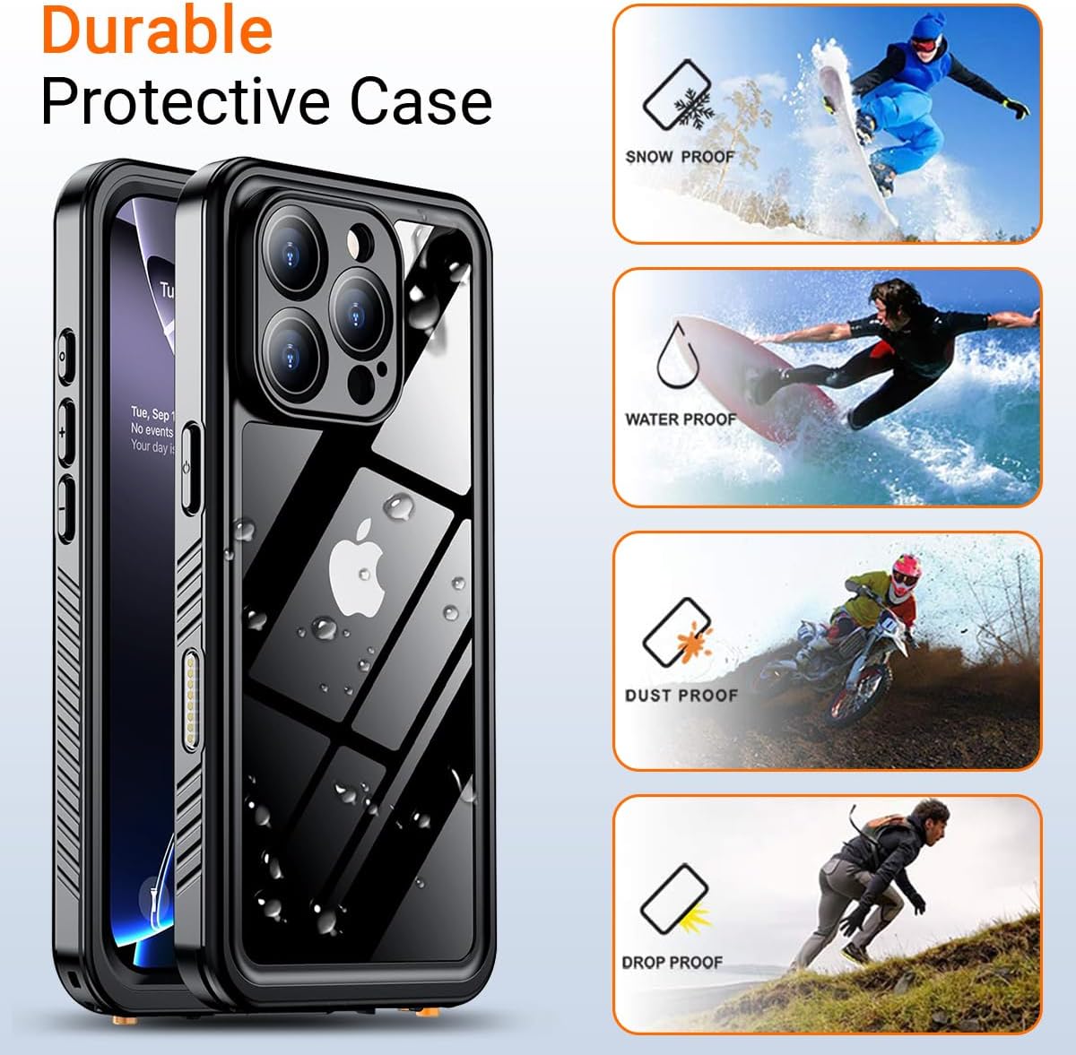 Custom Photo Case for iPhone 17 Pro Max Air 16 15 14 Plus 16e 13 12 Mini 11 SE XS XR 8 7 IP68 Waterproof Dustproof Personalized Collage Built-in Screen Protector Full Body Sealed Cover Black Clear