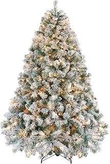 Yaheetech 6ft Snow Flocked Pre-lit Christmas Tree with 250 Warm White Lights, 820 Lush Branch Tips & Quick-Assembly Hinged Design, Full Artificial Xmas Tree for Winter Holiday Décor, Green & White