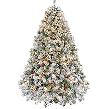 Yaheetech 6ft Snow Flocked Pre-lit Christmas Tree with 250 Warm White Lights, 820 Lush Branch Tips &amp; Quick-Assembly Hinged Design, Full Artificial Xmas Tree for Winter Holiday D&eacute;cor, Green &amp; White