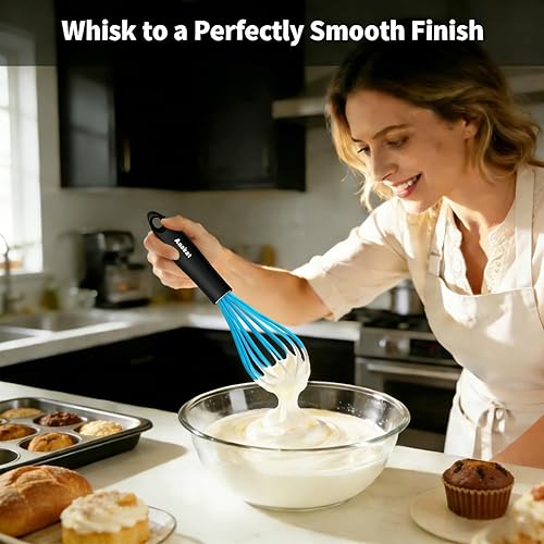 Vista 2 de Anaeat Batidor de globo de silicona, perfecto para utensilios de cocina antiadherentes, batidora de leche y huevos, batidor de cocina resistente al