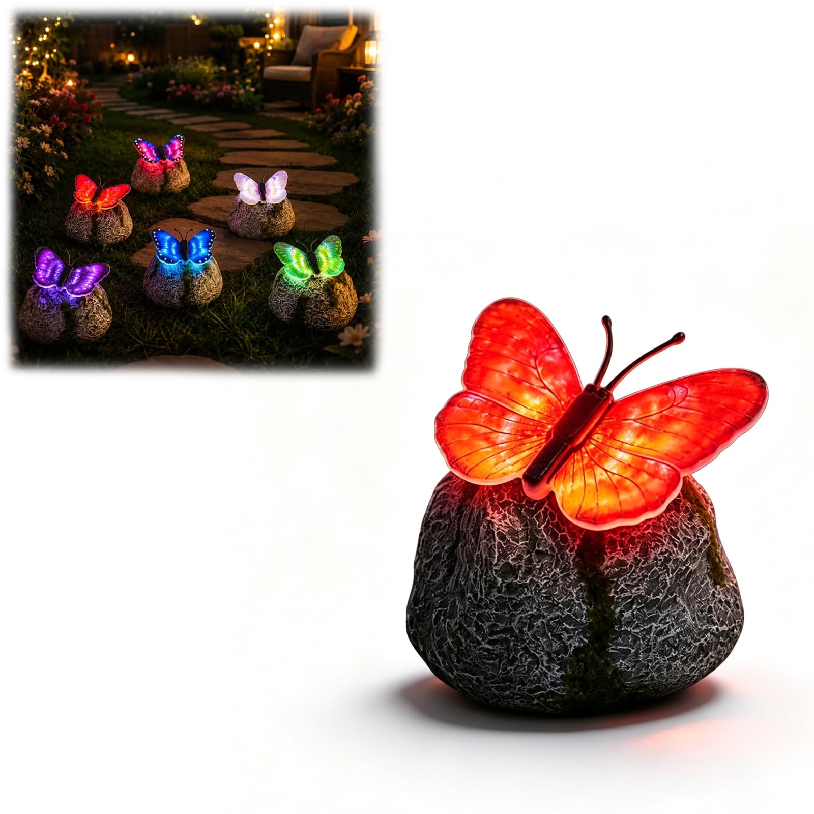 ELMVAR Illuminated Butterfly Stone Garden Light, Solar LED Powered Outdoor Decor, Waterproof Resin Butterfly Statue, Glowing Yard Ornament for Patio Lawn Flower Bed (Red,1)