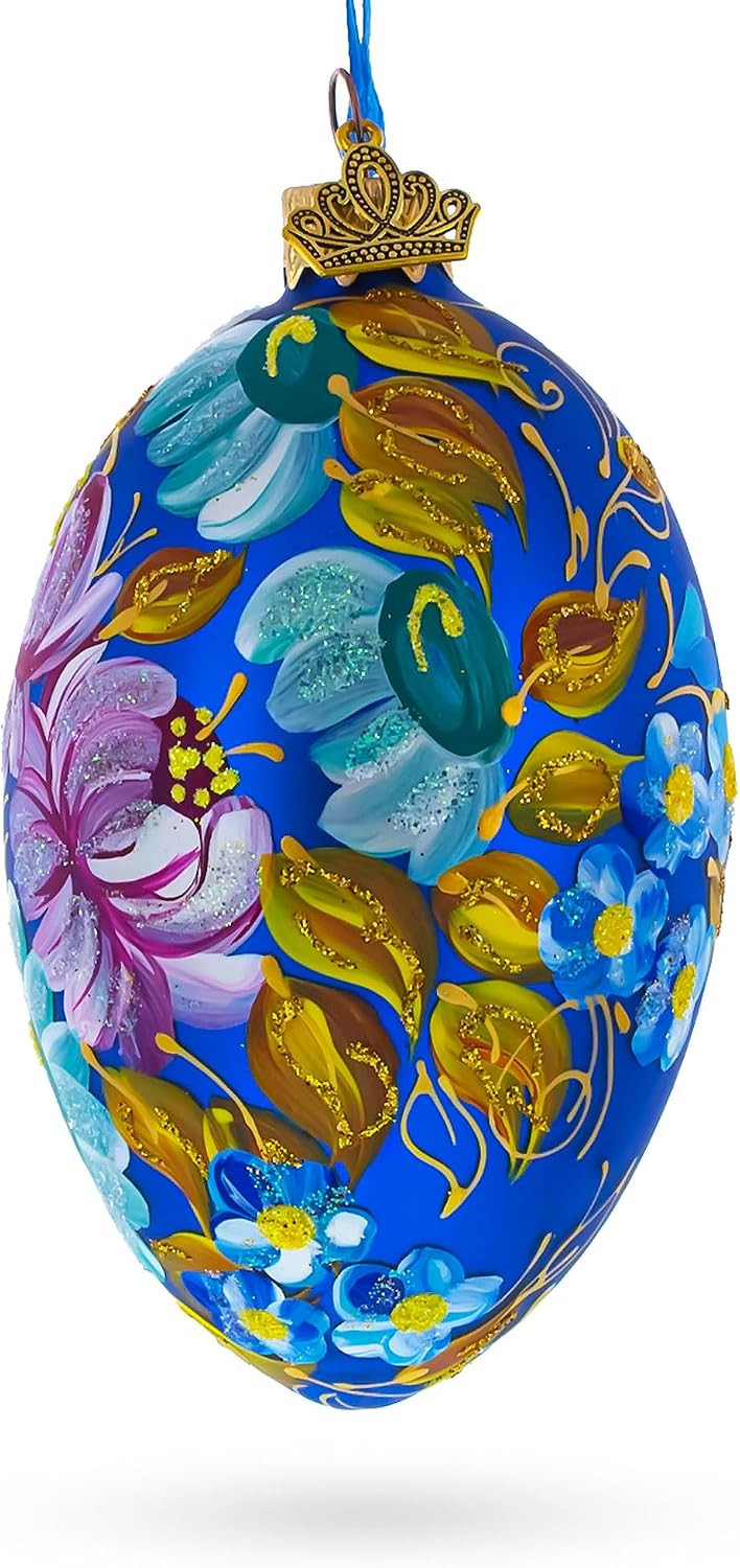 Multi Color Flowers Glass Egg Ornament 4 Inches