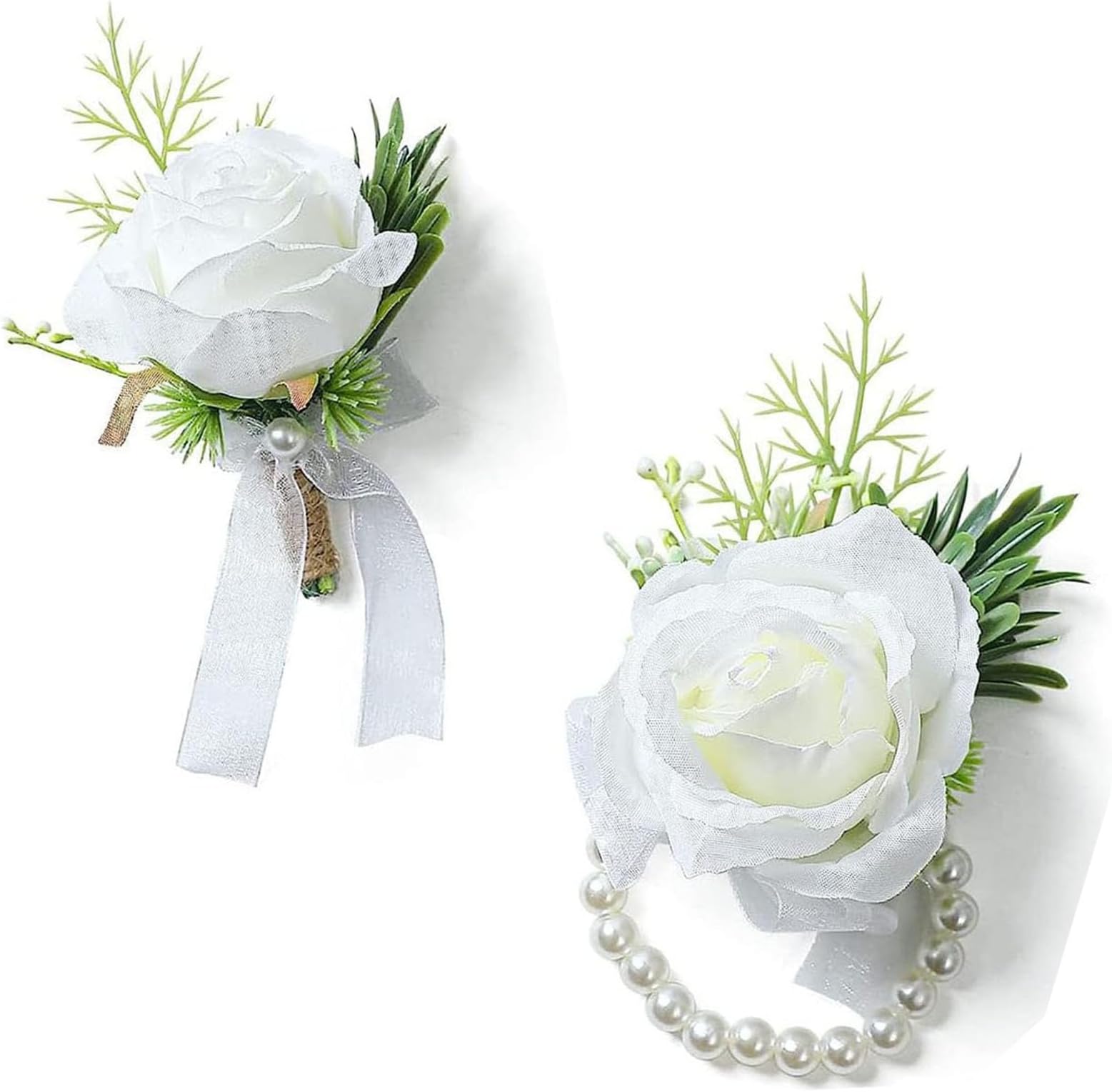 Rayyan Artificial flowers,Wedding Lapel flower with White Roses, White Green Wrist Flowers and Corsage, Forest style, for Wedding,Ceremony and Prom