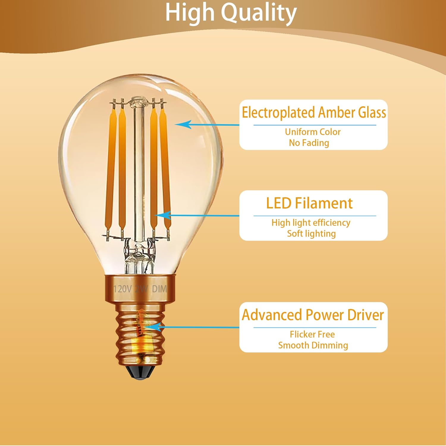 G45 Amber LED Light Bulbs 2W 120V E12 Dimmable Globe Decorative Light Bulbs 25 watt Equivalent Vintage Edison LED Bulbs 2200K Warm Light Bulbs, 3 Pack