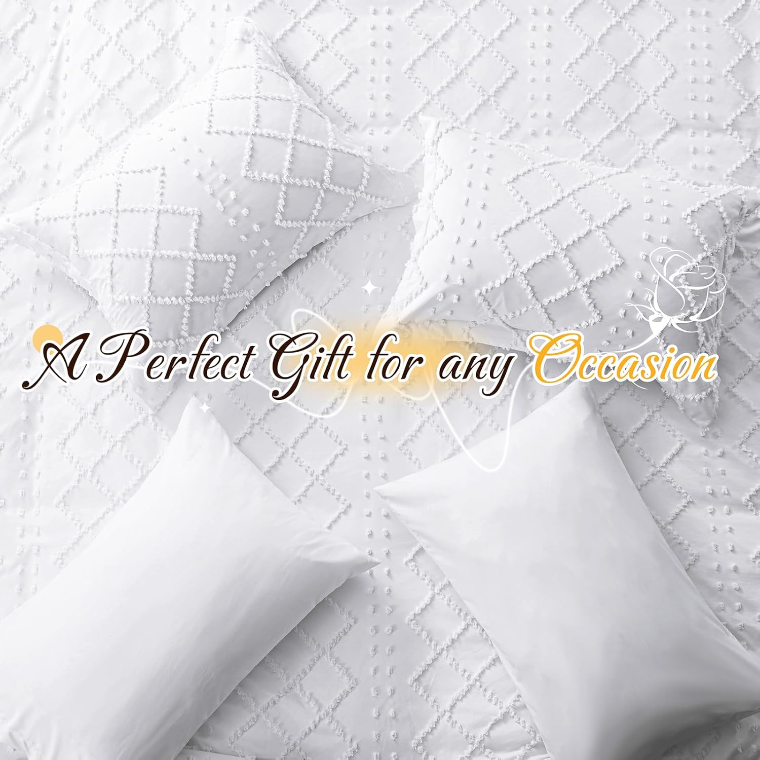 Manyshofu 5Pcs Boho Queen Duvet Cover Set - Tufted White Duvet Cover Pattern, Shabby Chic Boho Bedding Set Textured Comforter Covers with Embroidery Pillow Shams