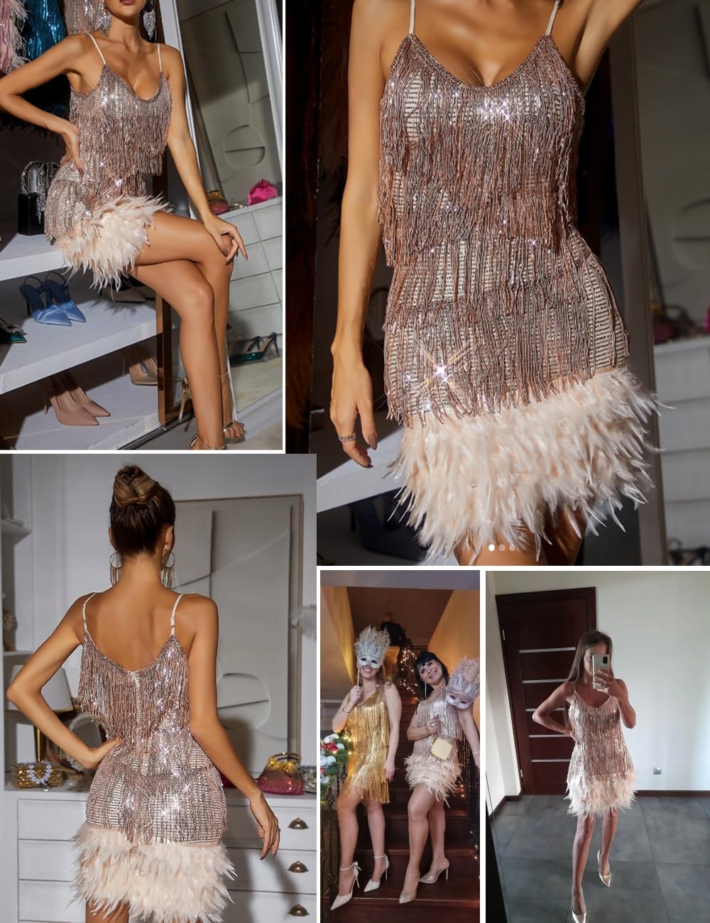 Women's Sequin Cocktail Dresses 1920s Flapper Dress Gatsby Fringe Mini Dresses Feather Prom Party Dress