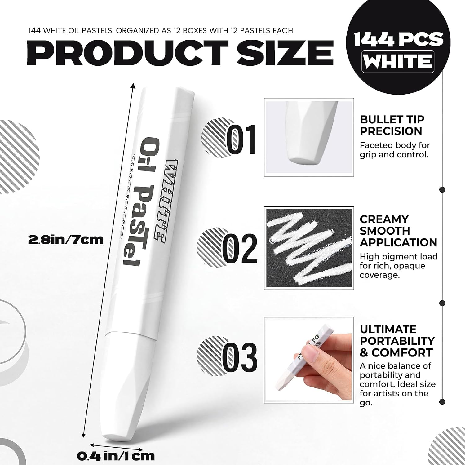 144 Pcs White Oil Pastels Bulk Soft Oil Crayons Precision Bullet Tip Artists Pastel Crayons 2.8 x 0.4 Inch Single Color Creamy Pastels Blending Graffiti for Painting Drawing Sketching