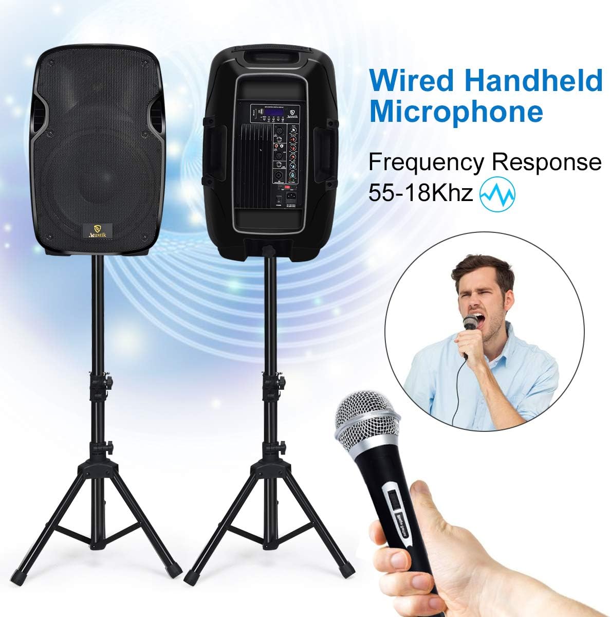 AKUSTIK Dual 2-Way Powered PA Speaker System, Portable DJ Speaker with Active + Passive Speakers, 2 Speaker Stands, Microphone, Bluetooth, USB/SD Card, FM Radio, Remote Control (Dual x 12 Inch)