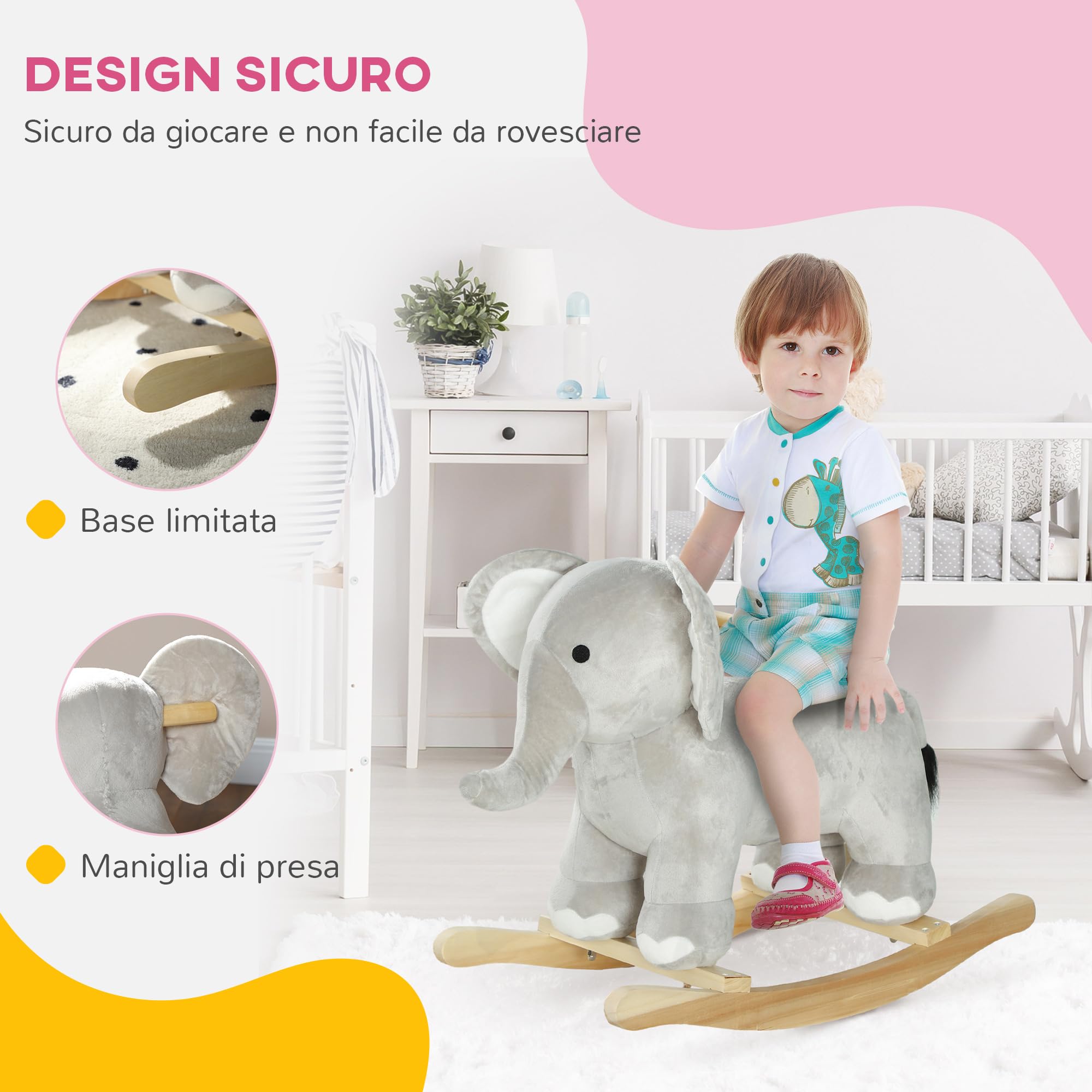 AIYAPLAY Cavallo a Dondolo per Bambini a Forma di Elefante, Cavalluccio a Dondolo Cavalcabile in Legno e Peluche con Base e Suoni Realistici, 2-4 Anni, 64.5x31x52 cm, Grigio