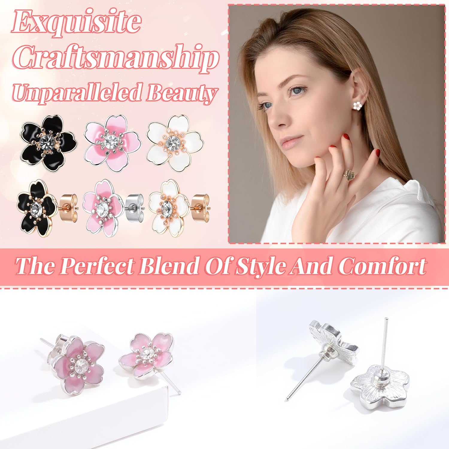 3 Pairs Flower Stud Earrings for Women, Earring Cute Ear Studs Cherry Blossom Daisy Rose Flower Stud Earrings for Women - Image 6