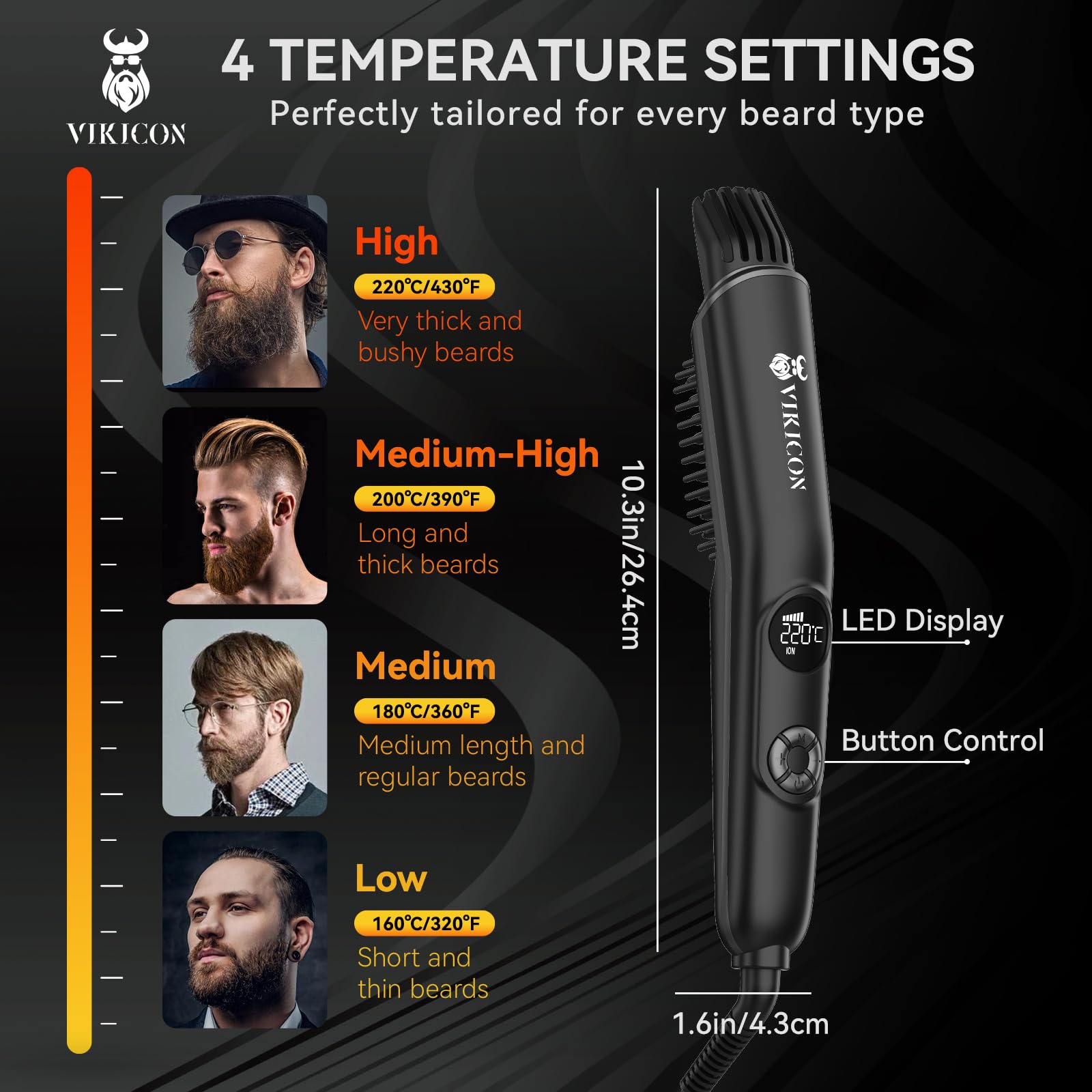 VIKICON Spazzola 3 in 1 per Uomo, Pettine Professionale Con Volumizzatore, 4 Livelli di Calore (120-220℃), Piastra Lisciante per Barba Agli Ioni, Spazzola per Casa/Viaggio