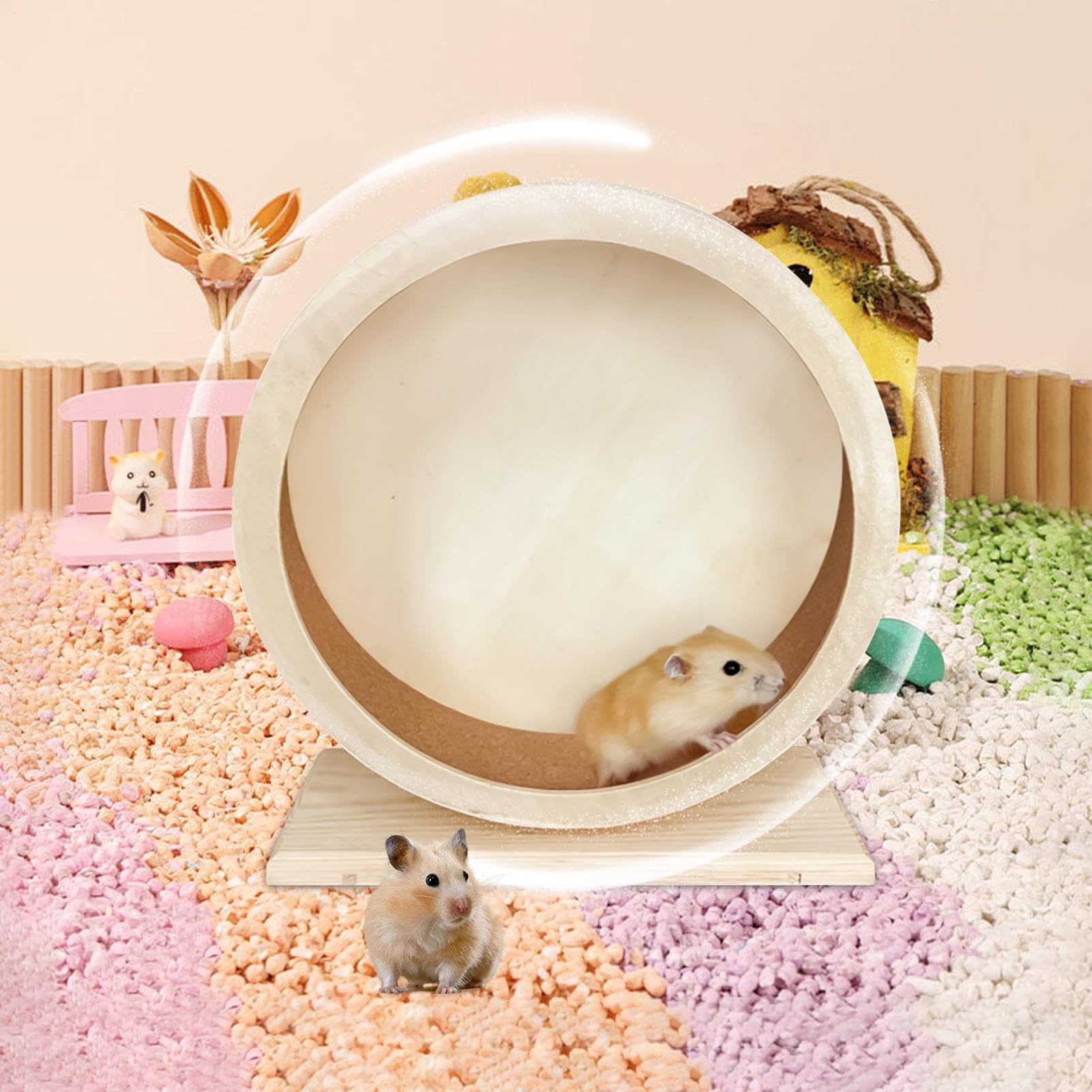 Rueda de hámster de madera, juguete de ejercicio silencioso para mascotas pequeñas, soporte ligero y estable para jerbos, chinchillas, ratones y erizos