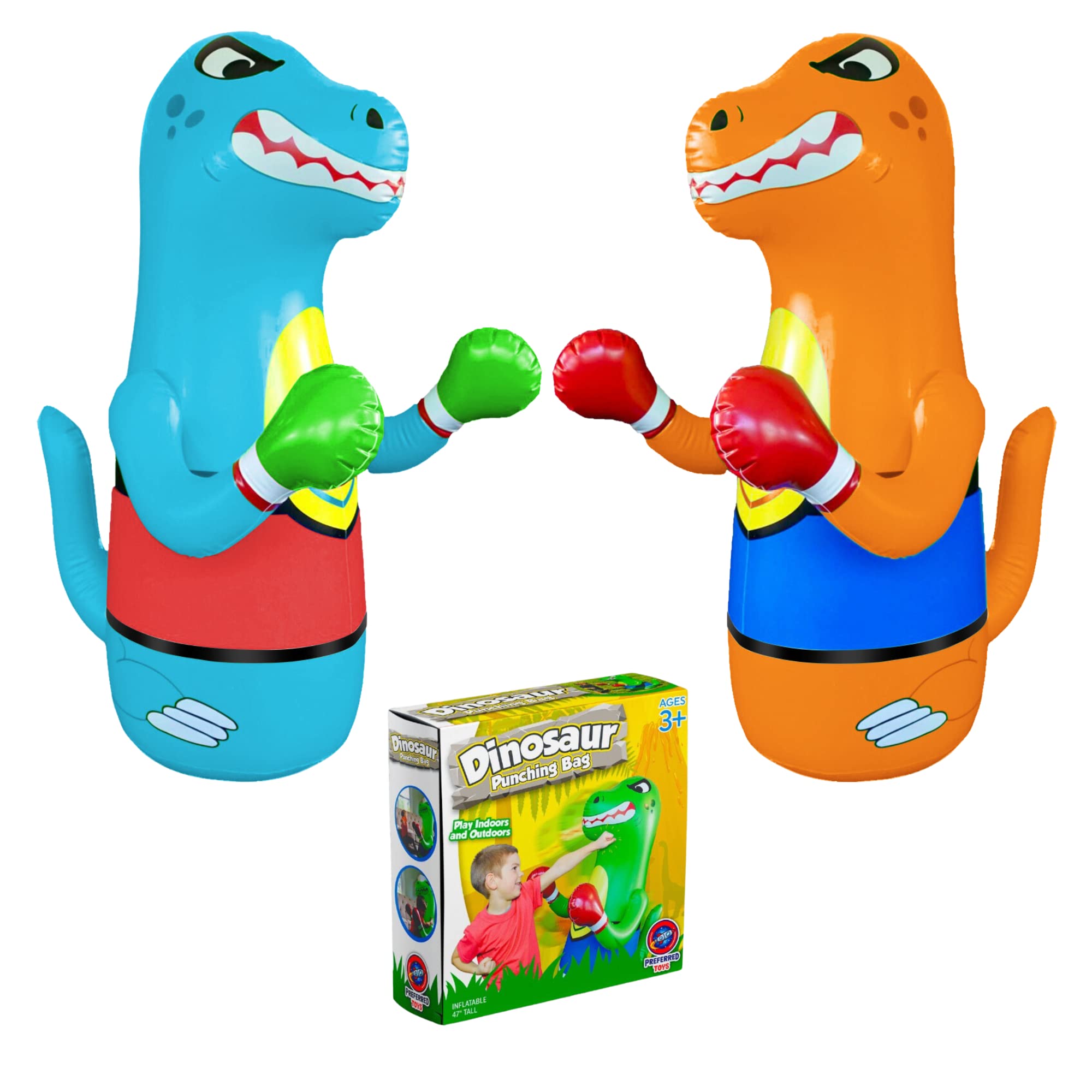 Inflatable Dinosaur Punching Bags for Kids – Pack of 2 Bop Bags for Toddlers and Children Ages 3-14 – 47" Blow Up Toys with Bounce-Back Action – Fill Base with Sand or Water
