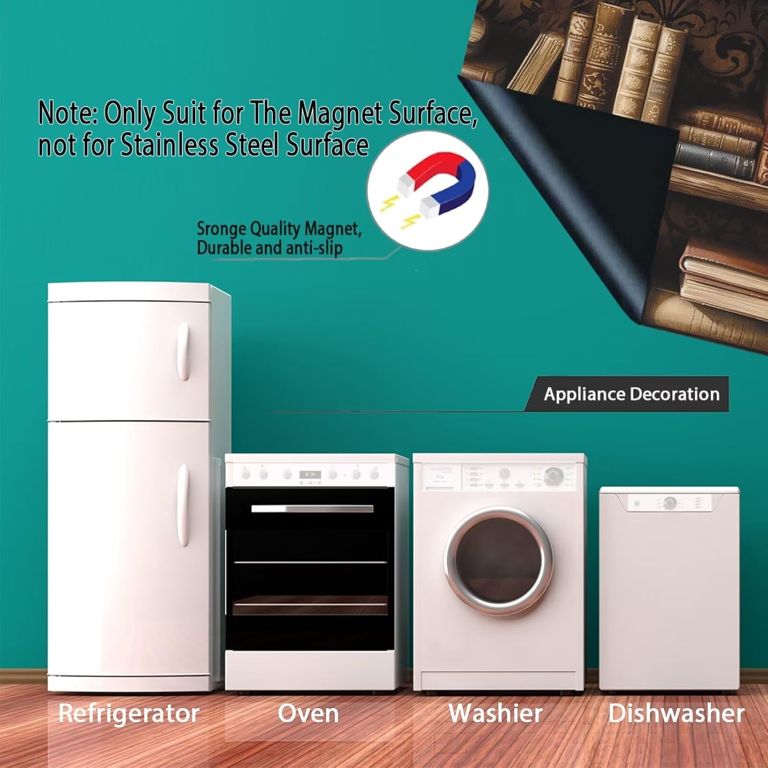 Dishwasher Magnet Cover,Vintage Bookcase Magnetic Kitchen Dishwasher Cover Vinyl Decal, Dishwasher Wrap Rustic Refrigerator Magnet Bookcase Panel Sticker 23"x26"