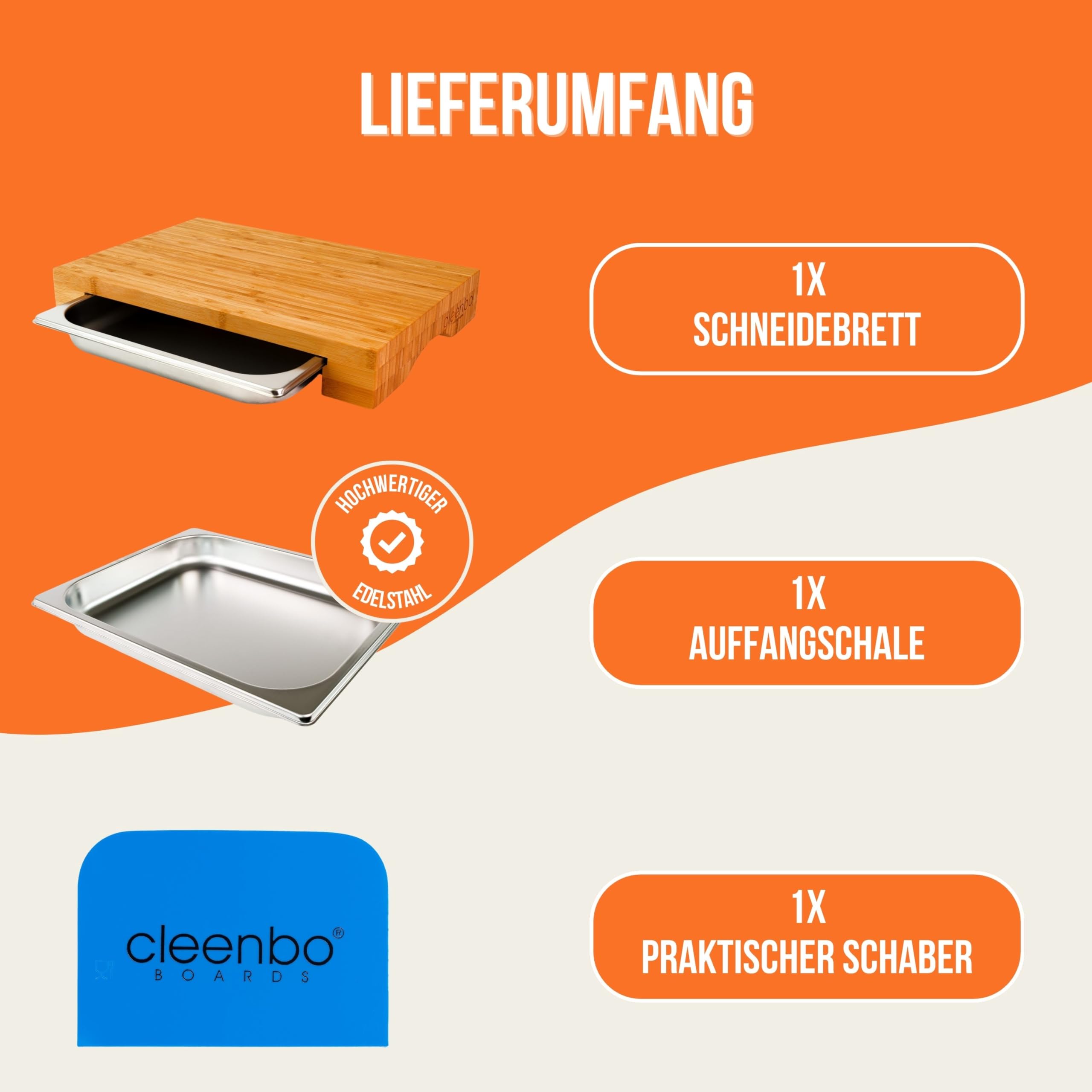 Schneidbrett mit Auffangschale "cube bamboo" Profi Holz Küchenbrett aus Bambus - Schneidebrett mit Auffangbehälter (Gastro Edelstahl Auffangwanne/Behälter), Bambusbrett Maße: 43 x 29 x 7 cm