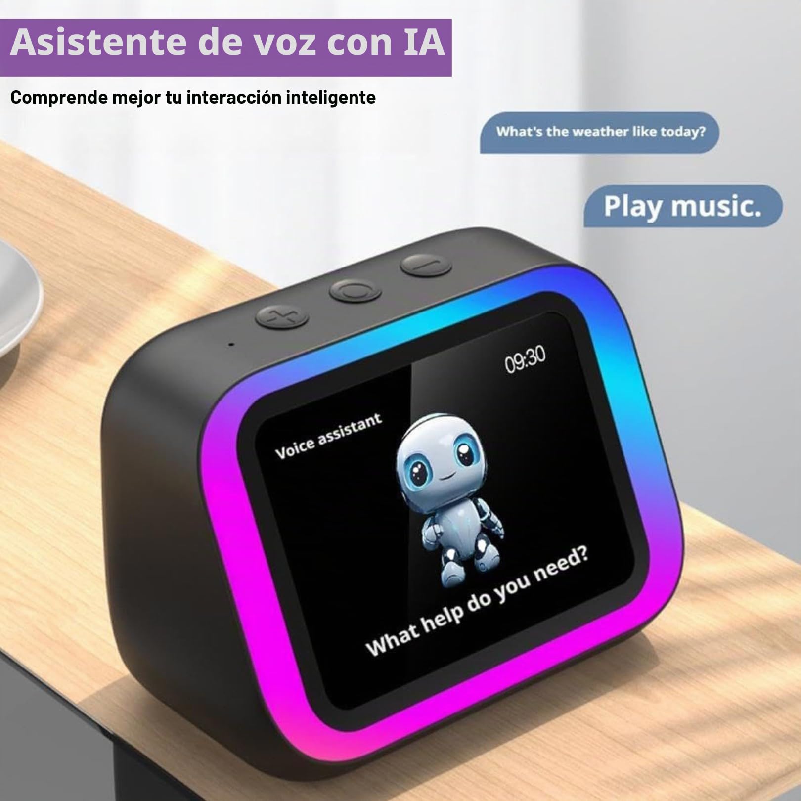 Reloj Despertador Inteligente Ai con Altavoz Bluetooth 5.4, Luces RGB, Pantalla de Hora y Clima, Reloj Digital de Mesita con Llamadas Manos Libres para Dormitorio y Sala de Estar White