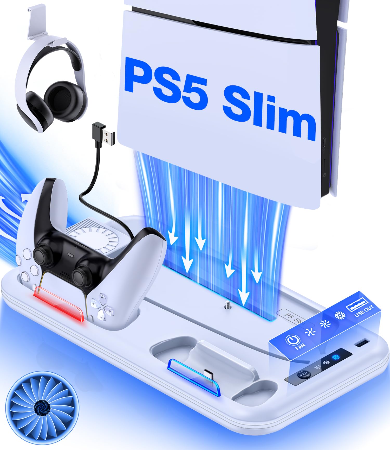 Station de refroidissement fine PS5 avec chargeur double contrôleur, ventilateur de refroidissement turbo à 3 vitesses, hub USB et crochet pour casque pour console Playstation 5 Slim Edition/Digital