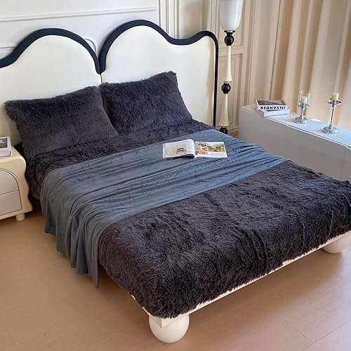 Miniatura 8 de chovy Juego de sábanas de 4 piezas de piel sintética con bolsillos profundos, juego de sábanas mullidas de franela de terciopelo de felpa extra