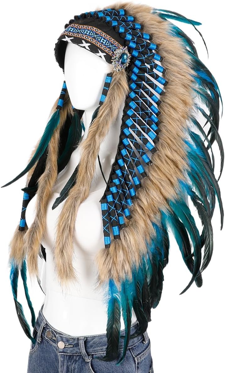 Handmade Feather Headdress Costume Headpiece with Faux Fur – Festival, Party, Halloween, Cosplay Accessory