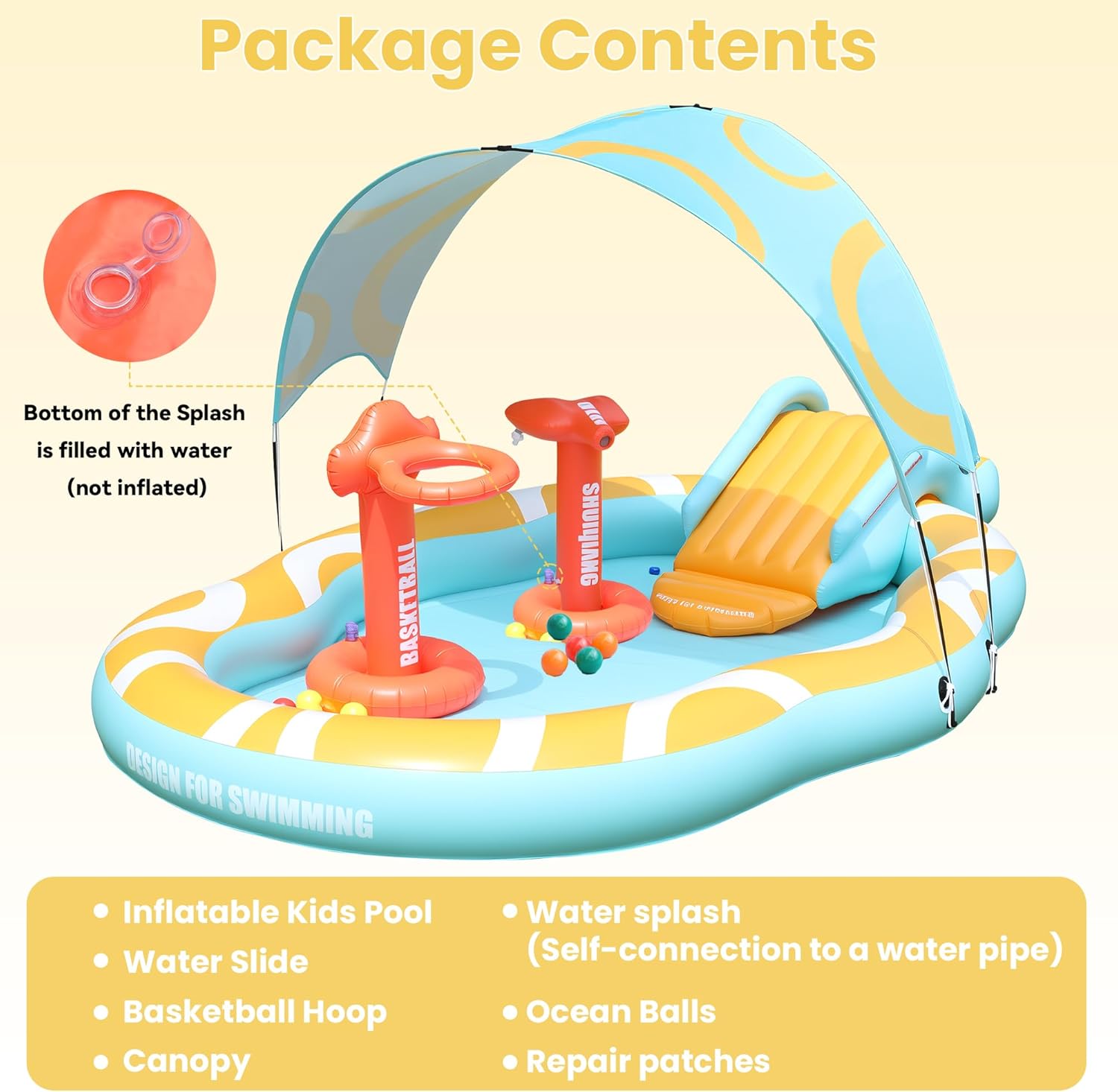 Inflatable Kids Pool with Slide and Canopy, Durable Thickened Large Inflatable Pool for Toddler, Water Slides for Kids, Backyard Play Center Kiddie Pool, Blow Up Splash Pad for Toddlers (126"*72"*52")
