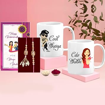 GOOFY TURTLE Cool Bhai Cute Bhabhi White Coffee Mug with Couple Rakhi BB-13 Roli Chawal & Greeting Card- Rakshabandhan Gift for bhai bhaiya bhabhi Brother