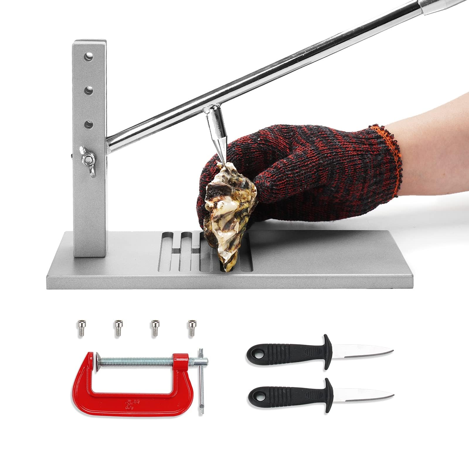 Macchina per sgusciare ostriche regolabile, kit per sgusciare ostriche con 2 coltelli + guanto, lega di alluminio + acciaio inossidabile. Design antiscivolo + fibbia tipo G