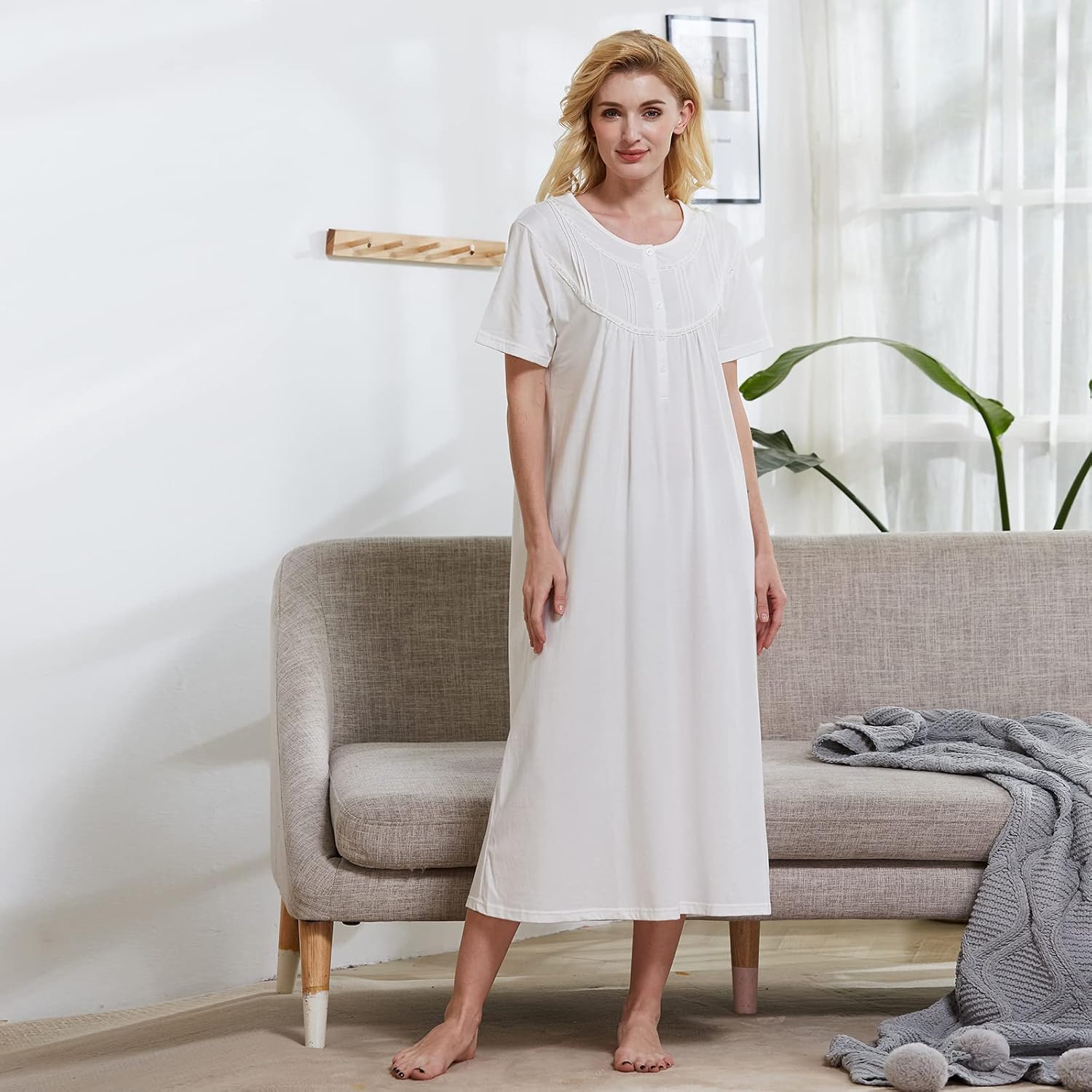 Keyocean Women Nightgowns, Soft 100% Cotton Lightweight Short Sleeve Night-dresses for Ladies - Image 3