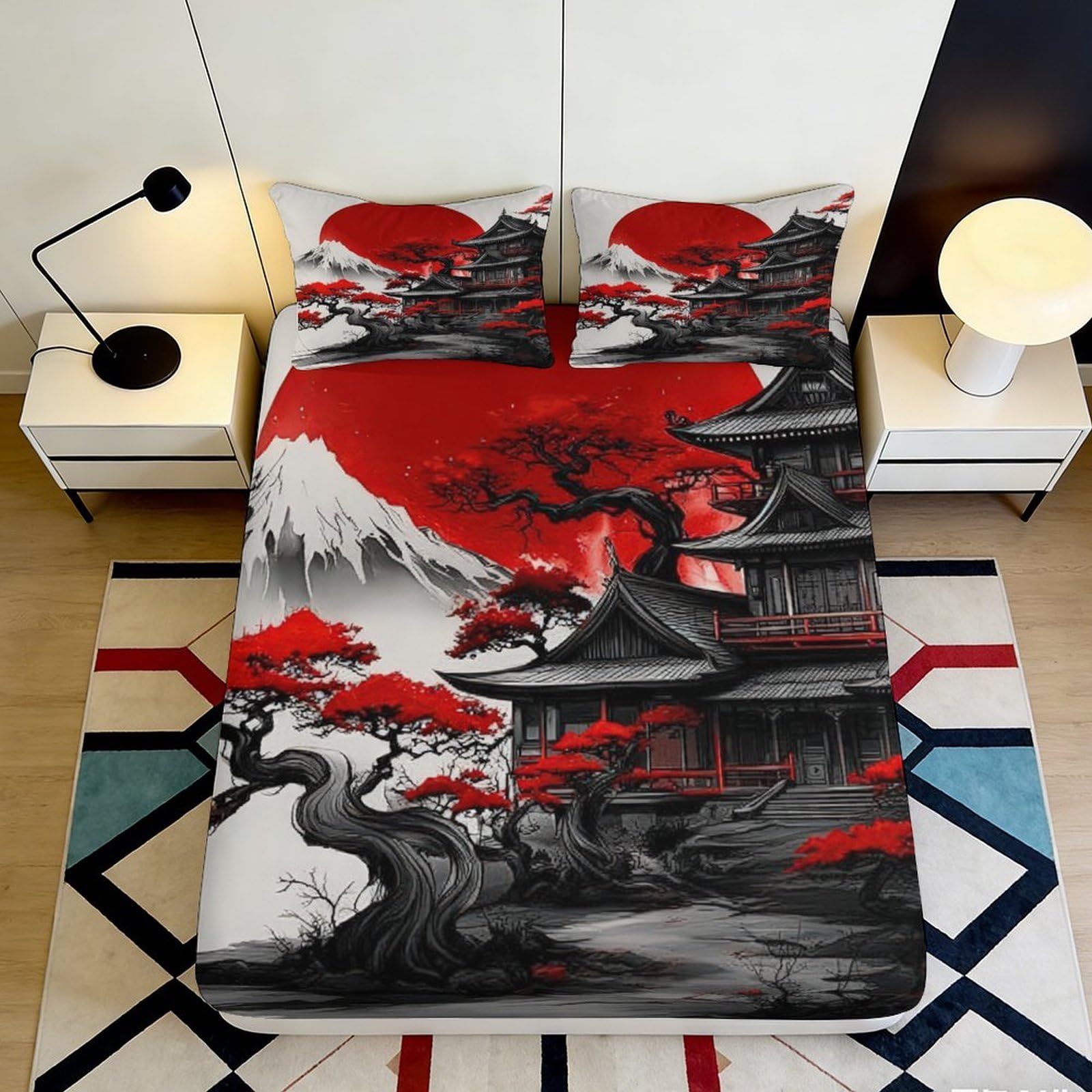 3D Printed Japanese Temple Fitted Sheet Microfiber Red Sun Bonsai Mattress Cover for Bedroom Dorm Decor Easy Care 90x200x25cm