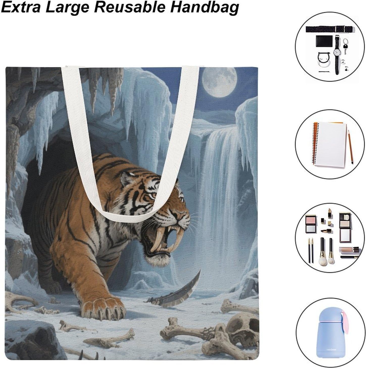Canvas Tote Bag 16x15 In Lightweight Foldable Shoulder Hobo Purse | Tiger Cave, Casual Tote with 10" Strap, Everyday Carryall, for Travel Work Grocery Shopping Beach Mark Gym Yoga