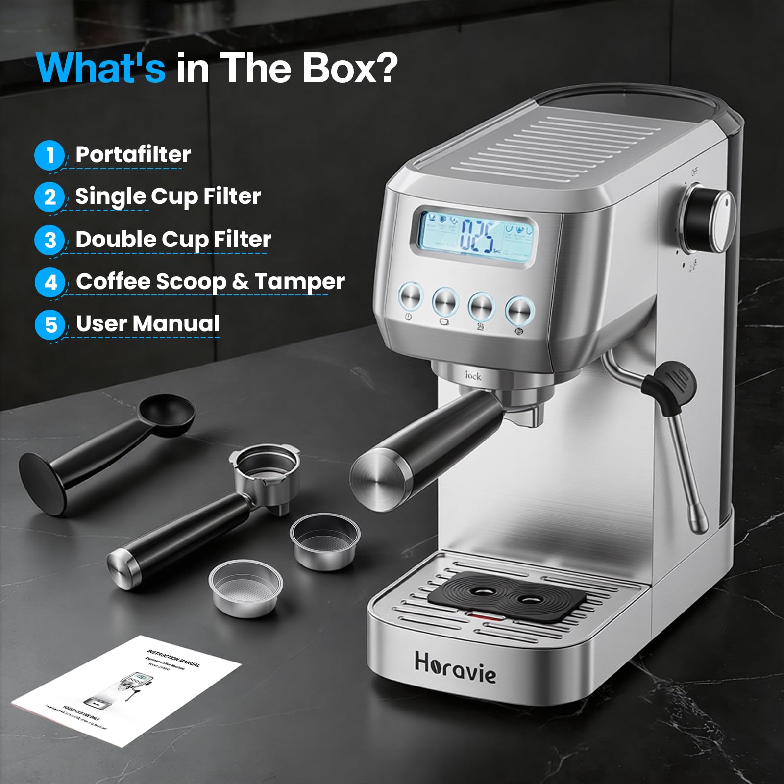 Horavie Espresso Machine 20 Bar, Compact Espresso Maker with Milk Frother, Stainless Steel Cappuccino & Latte Machine with LCD Screen, Adjustable Temperature, 44oz Water Tank for Home, Office — view 7