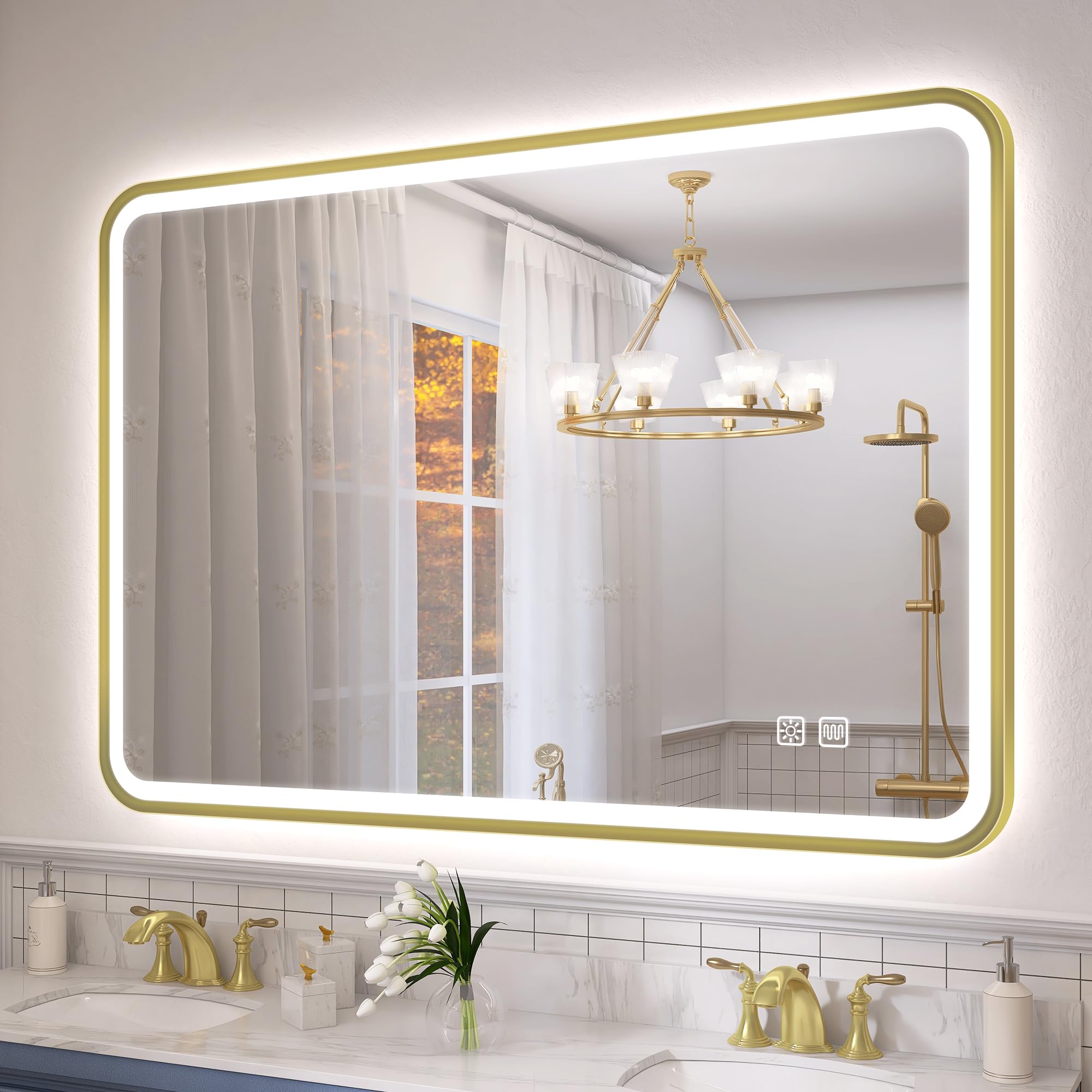 S'bagno Bathroom-Mirror-with-LED-Lights 100x70cm, Bathroom-LED-Mirror with Aluminum Frame, Anti-Fog, 3000-6500K, HD Tempered Glass, IP44 Waterproof, Memory, Horizontal/Vertical, Golden