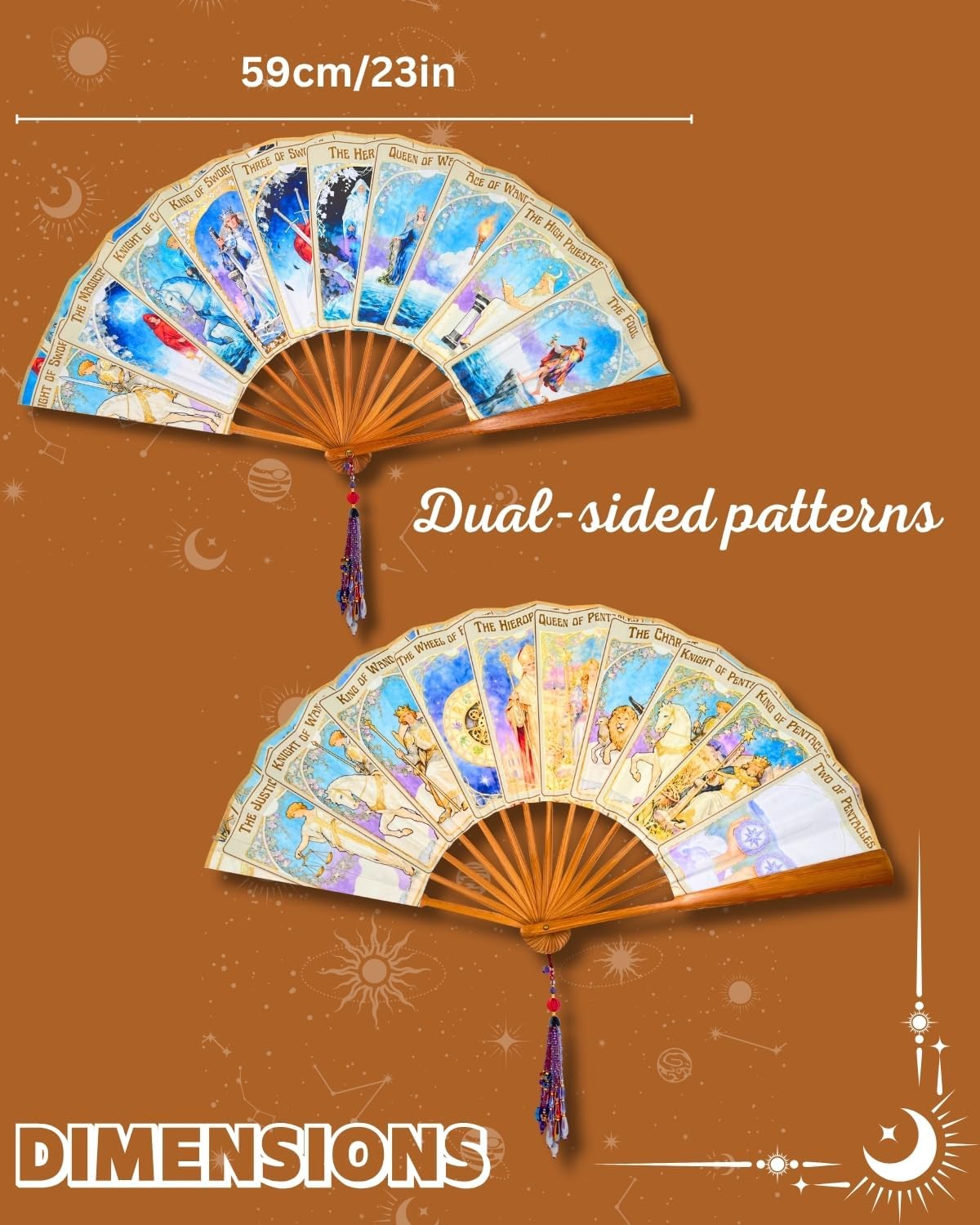 Oversized Folding Bamboo Tarot Hand Fan - Witchy Astrology Decor for Halloween,Rave fan, gypsy costume, Fortune Teller, Mystic Gift for Women (Brown)