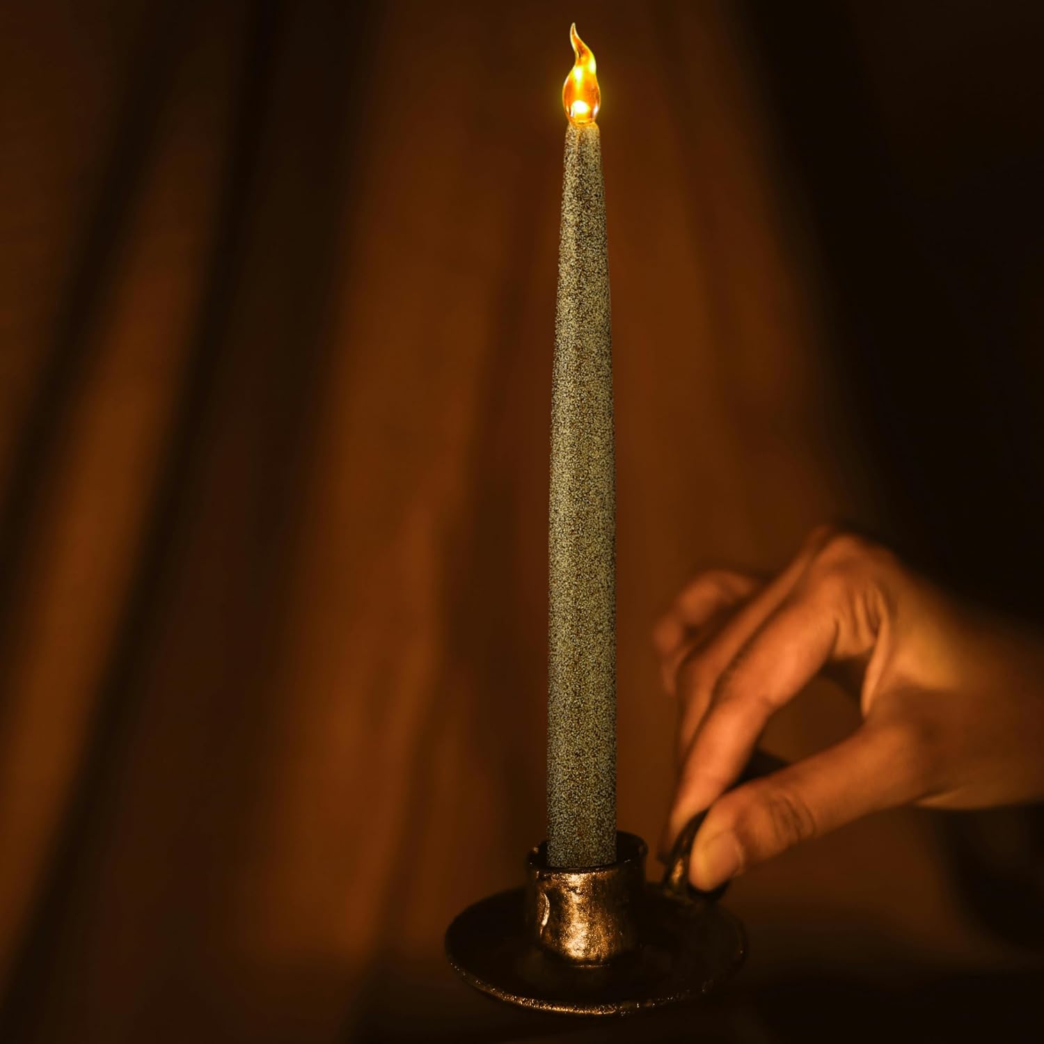Gold Glitter LED Taper Candles, 2-Pack with 6/18 Timer | Comes with 4 AA batteries pre-installed for instant use. Fits most standard 0.87-inch taper candle holders.