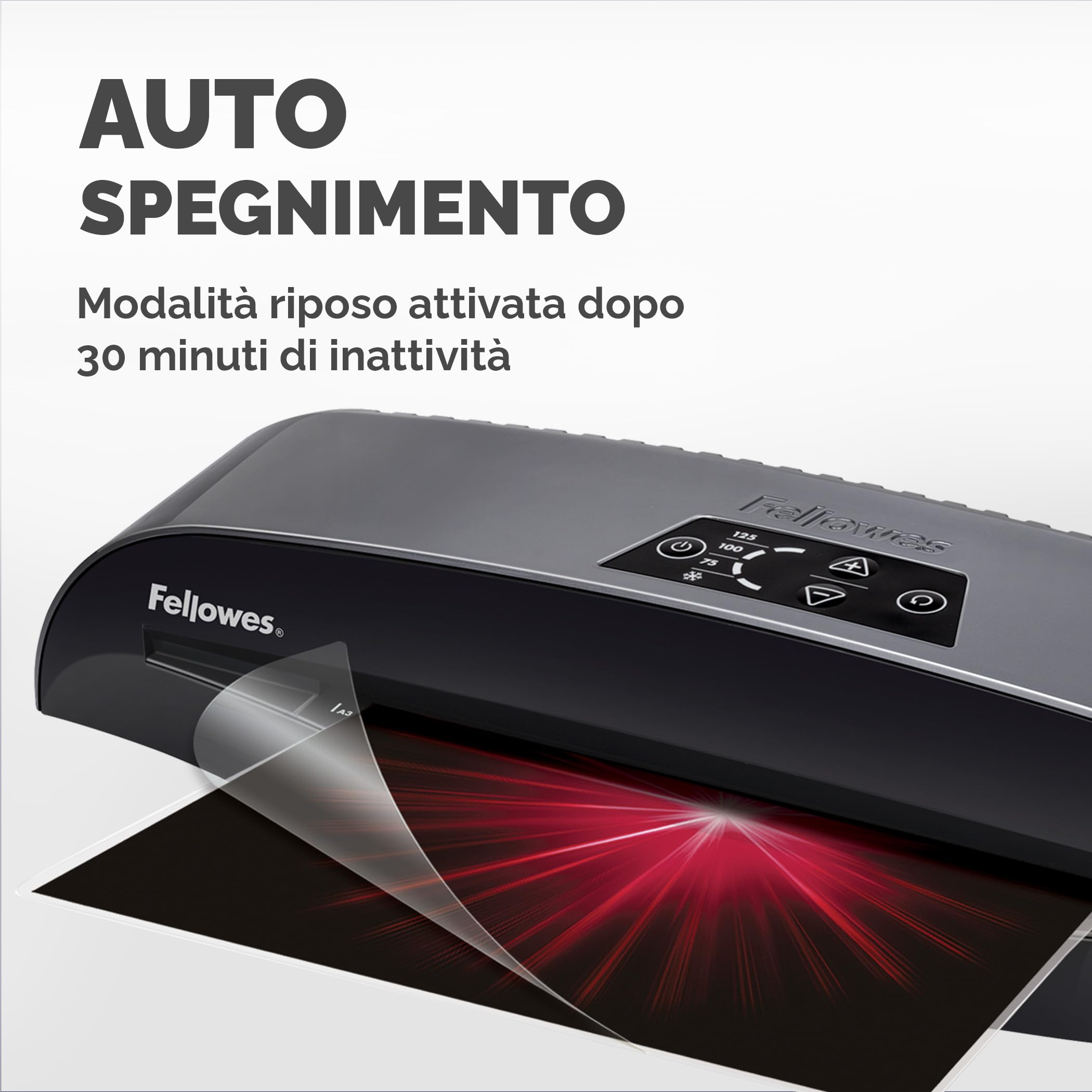 Fellowes Plastificatrice A4 Calibre per piccoli uffici, Pronta in 1 minuto con Spegnimento e modalità Riposo, 80-125 Micron, Kit con 10 fogli A4 per plastificazione incluso, Nero