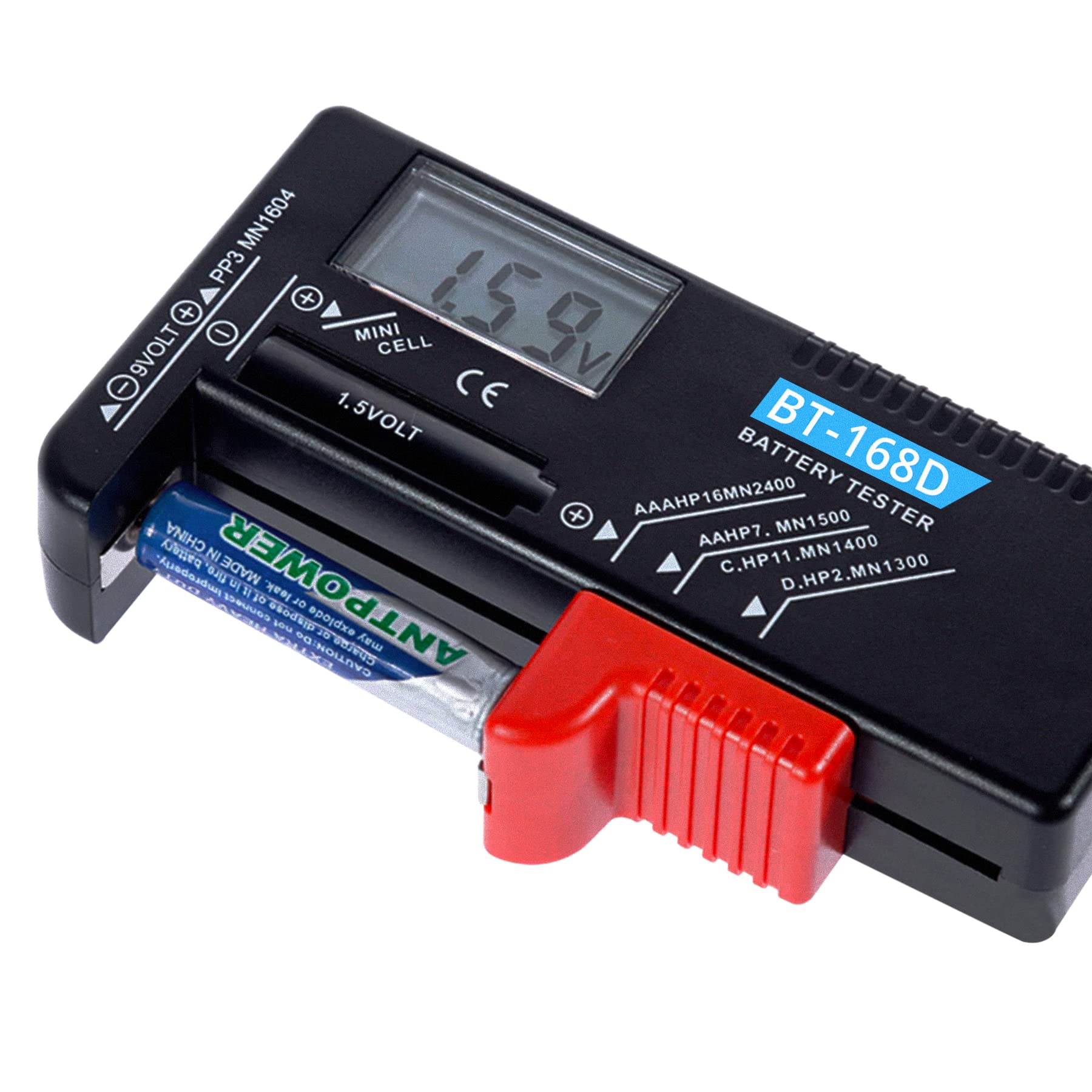 Retoo Cyfrowy tester baterii AAA, AA, CR, przycisk 1,5 V, 3,7 V, 9 V, wskaźnik naładowania/woltu, sprawdzania i miernika