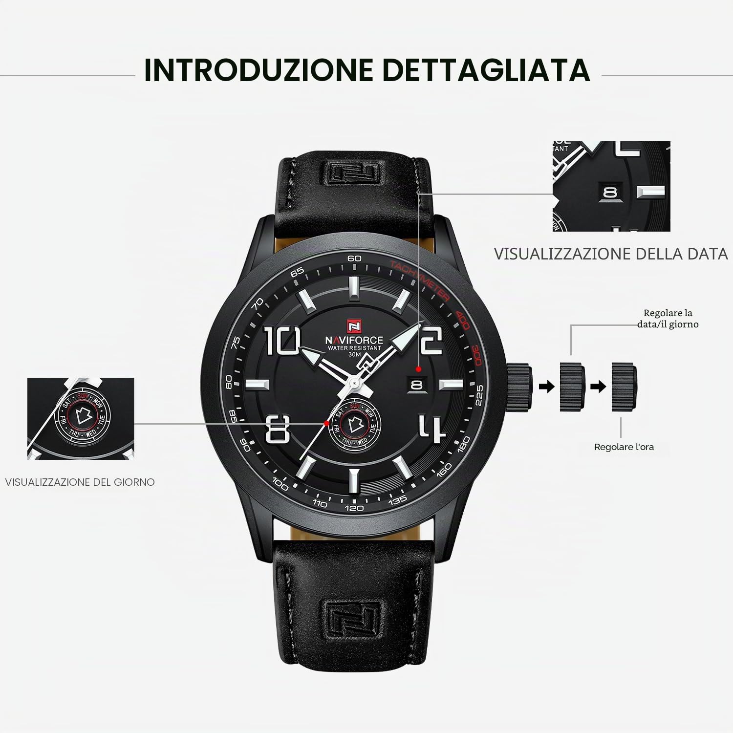 NAVIFORCE Orologio sportivo da uomo, cinturino in pelle, impermeabile, al quarzo, analogico, facile da leggere, con data automatica
