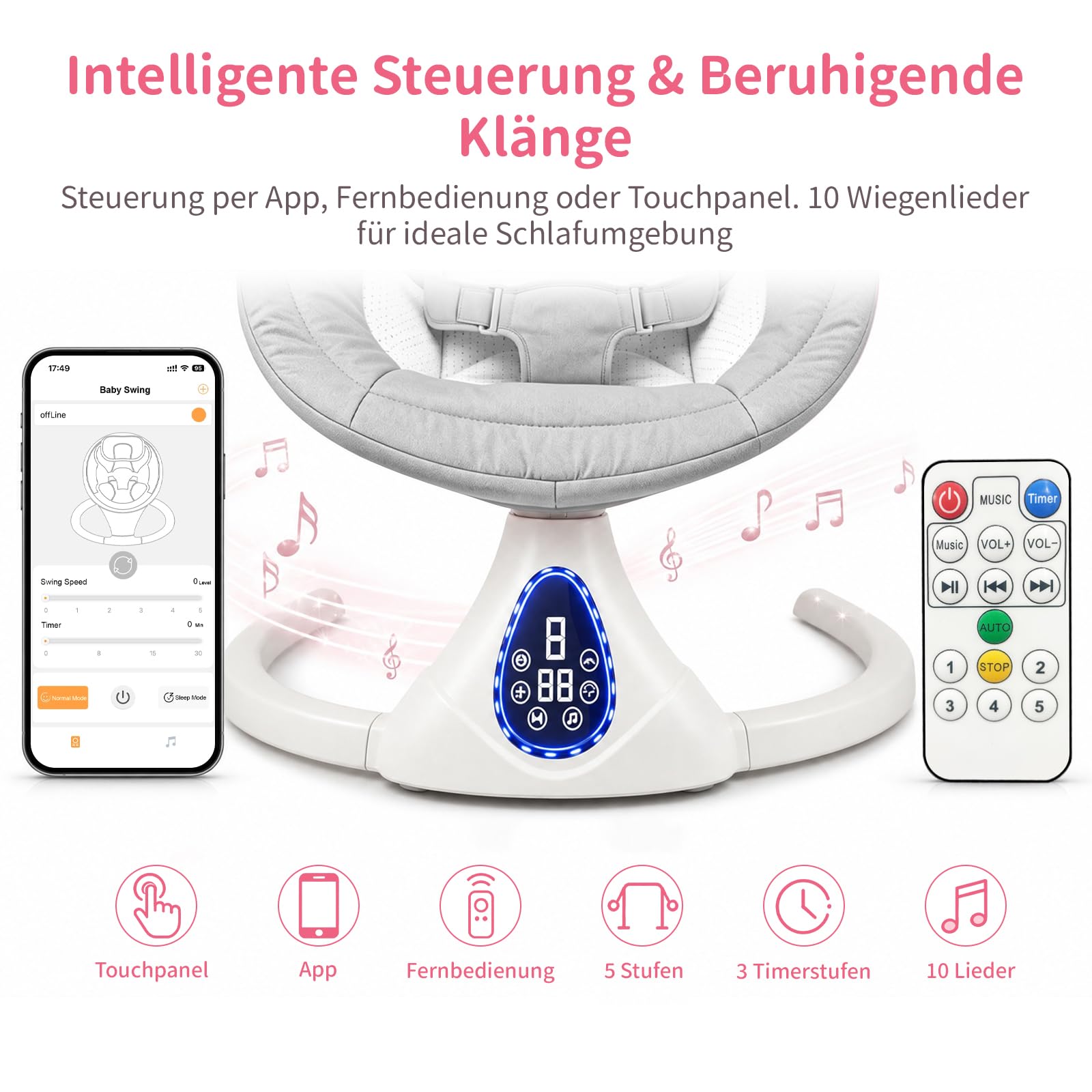 Elektrische Babywippe Schaukeln für Neugeborene, Baby Bouncer Newborn 0-6 Monate mit Weichem Stoff | Klappbarer Baby Rocker mit 5 Gängen, 3 Timer, Weichem Sitz, Bluetooth (Grau)