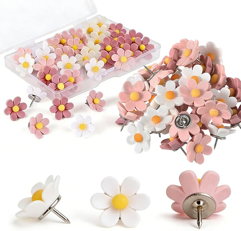 50 Pcs Flower Push Pins Cute Decorative Colorful Floral Thumb Tacks,Flower Decorative Pins and Tacks,Cork Board Thumbtacks for Bulletin Board Office Hanging Photo Poster Feature Wall (Pink+White)