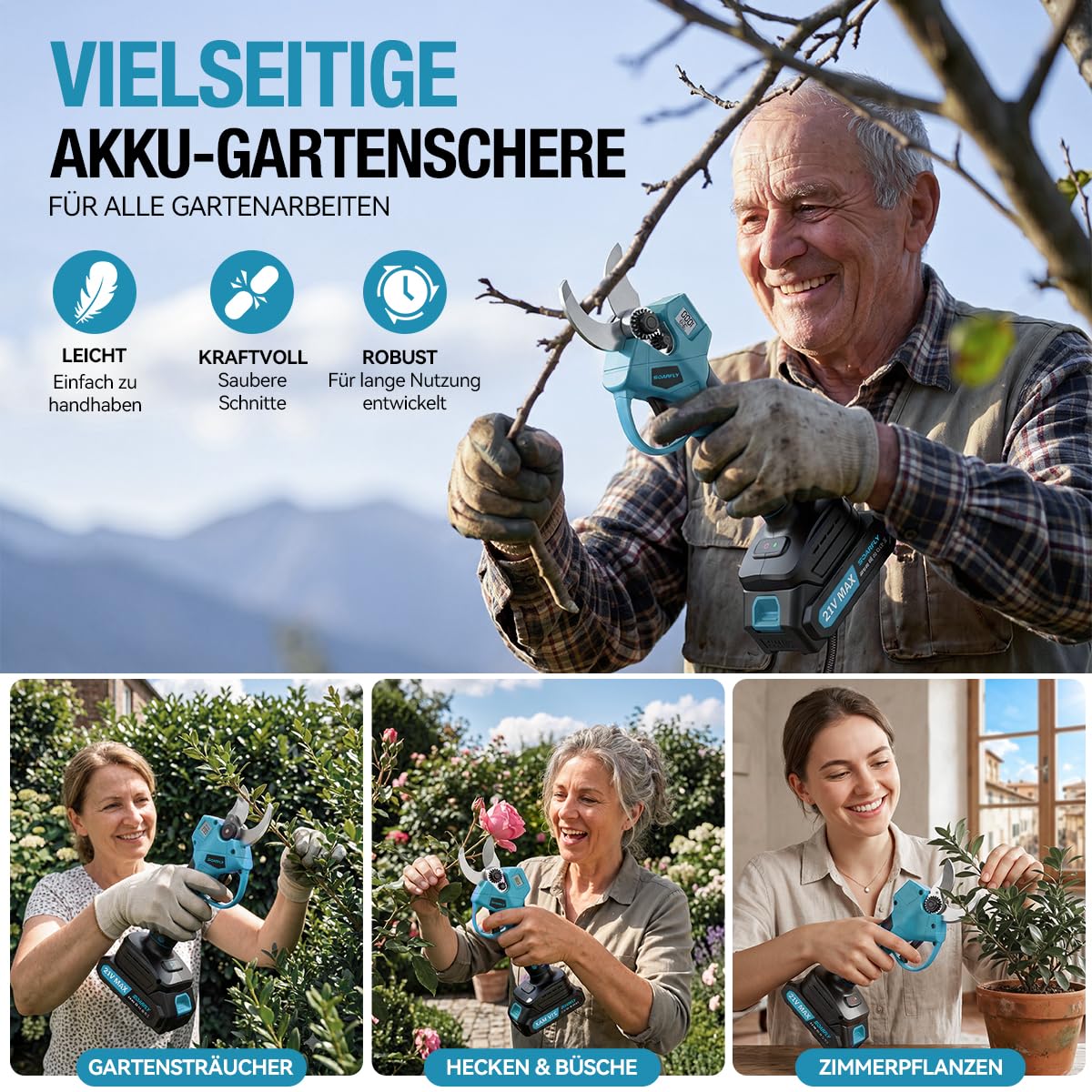 SOARFLY Akku Astschere, Akku Gartenschere mit 2x2000mAh Batterien, 35mm Maximaler Schnittdurchmesser, Brushless Motor mit LCD Display und Energiesparfunktion für Garten und Obstbäume (Blau)