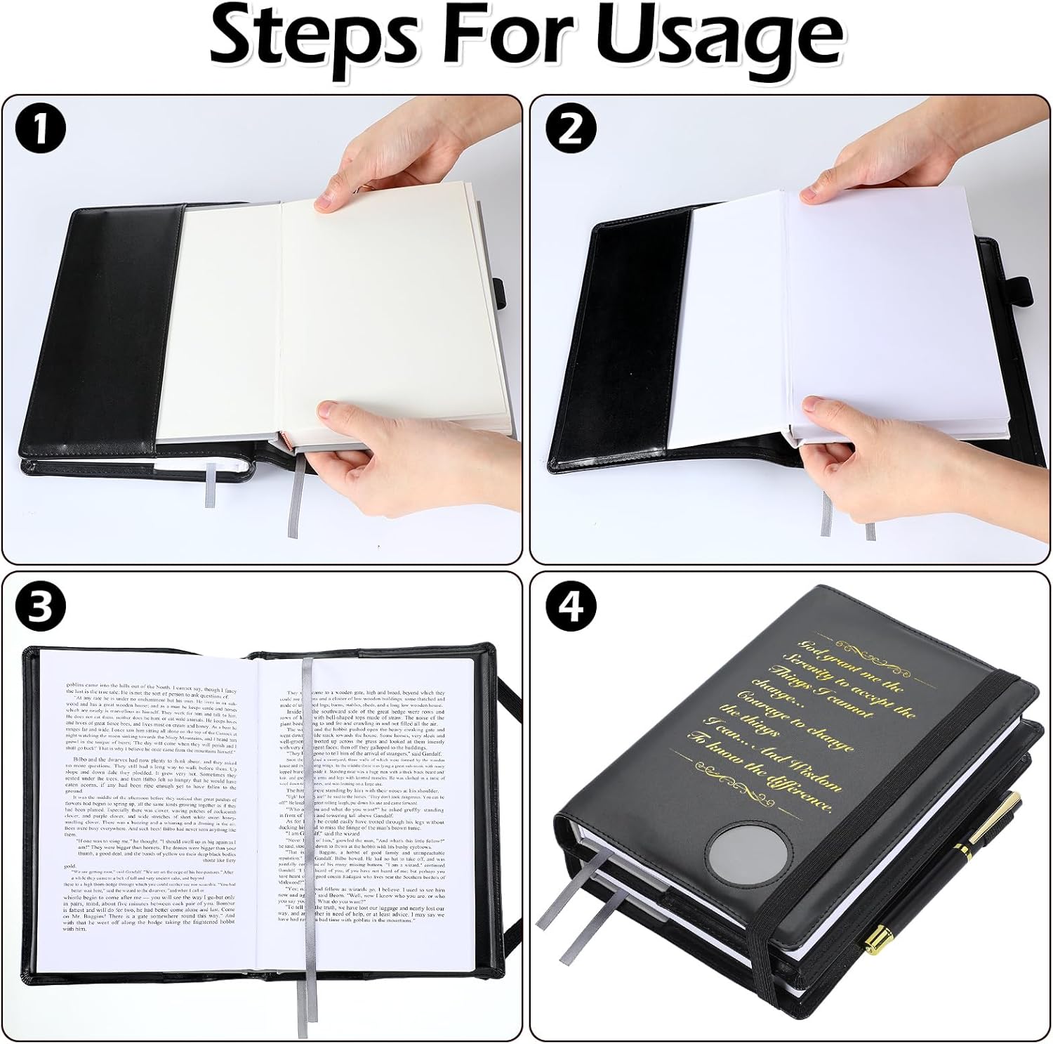 Motipuns Double Alcoholics AA Big Book Cover for 12 Steps & 12 Traditions Double AA Book Cover with Medallion Holder Pen Clip Alcoholics Gifts for Serenity Prayer(Black)