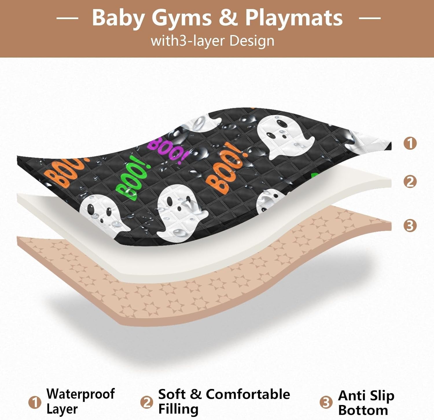 Doodle Cute Ghost Baby Play Mat, 50“ X 50” Washable Folding Crawling Mat, Baby Floor Mat, Soft, Non-Slip