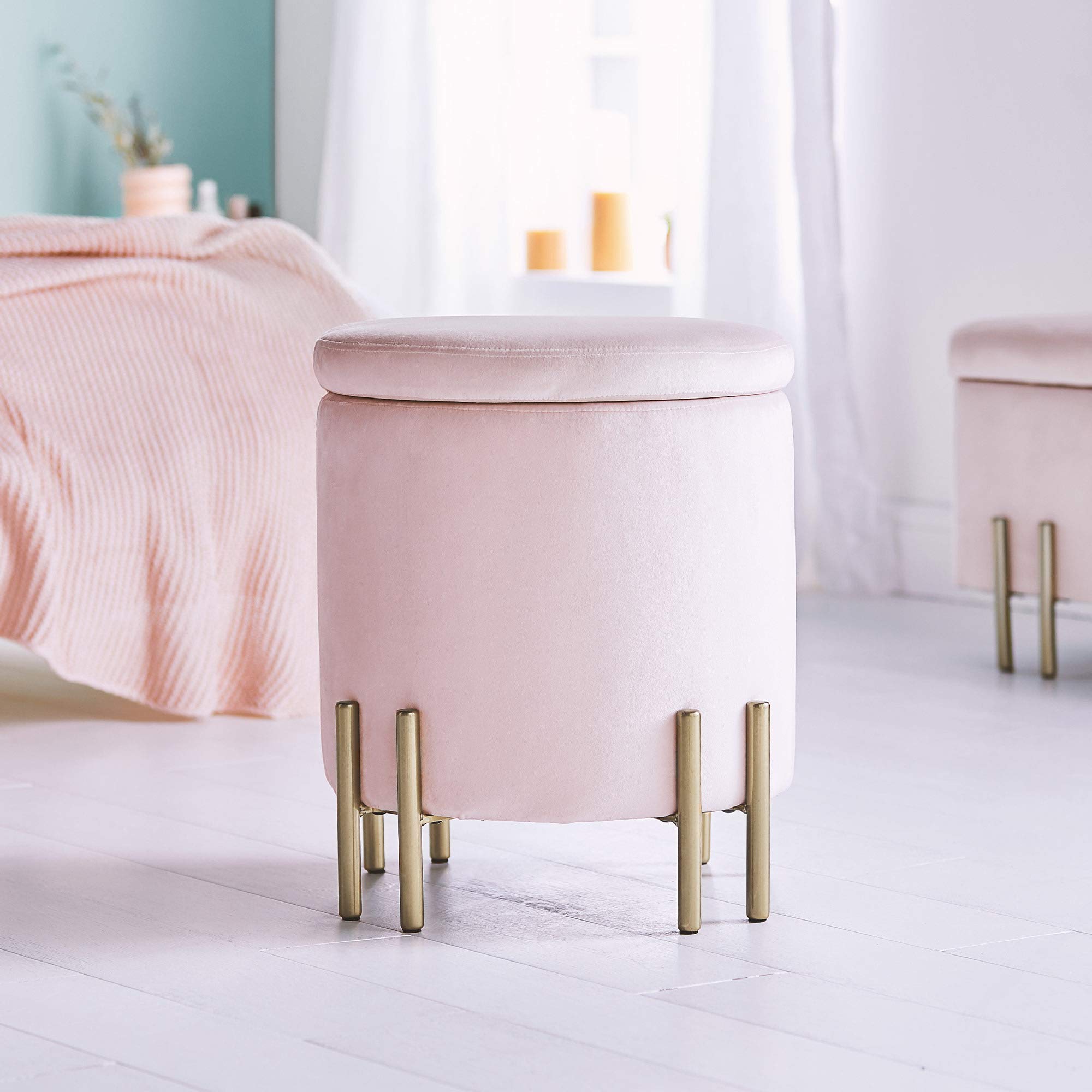 Pouf Contenitore Rotondo In Velluto - Poggiapiedi Imbottito, Base Dorata, Rosa, 37x43 Cm, Per Salotto