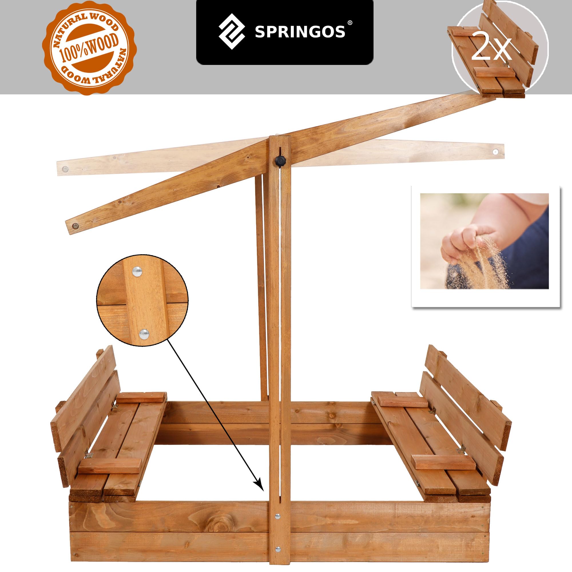 SPRINGOS – Bac à Sable Bois 120x120cm – Avec Bancs Dossiers – Fond Non-Tissé – Fabriqué UE