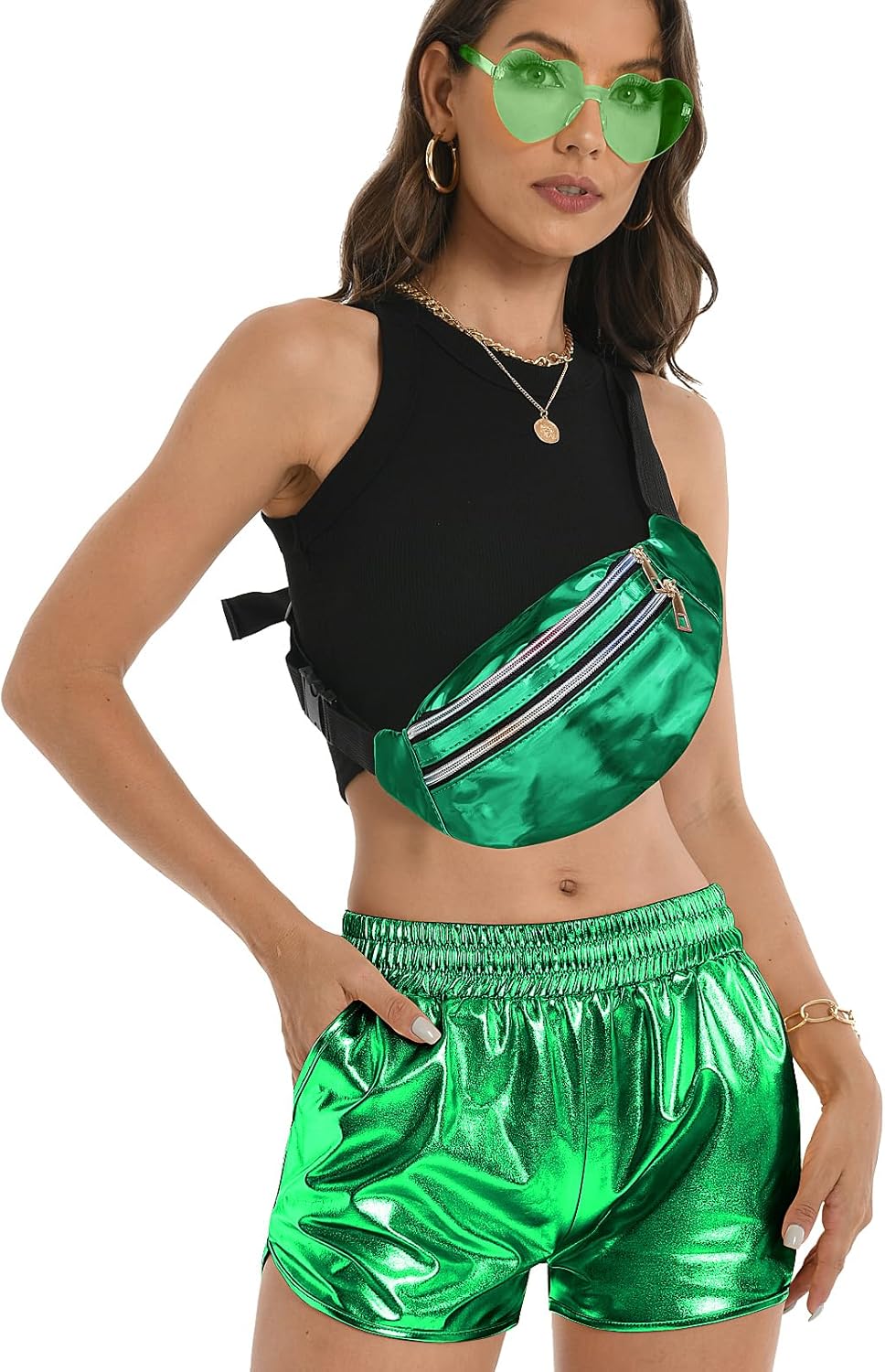 Women's Metallic Shorts Hot Sparkly Rave Shiny Short Elastic Waist Yoga Short Pants Club Party Outfit with Sunglasses