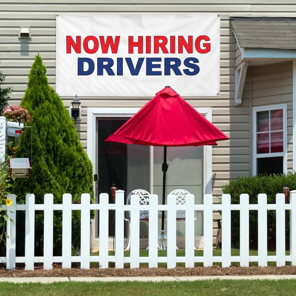 Vinyl Banner Multiple Sizes Now Hiring Drivers Red Blue Business Outdoor Weatherproof Industrial Yard Signs 8 Grommets 48x96Inches