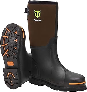 TideWe Rubber Work Boot for Men with Steel Toe & Shank, Waterproof Anti Slip Muck Hunting Boot, 6mm Neoprene Hunting Boot, Durable Brown Rubber Boot for Manufacturing, Construction, Farming, Size 11