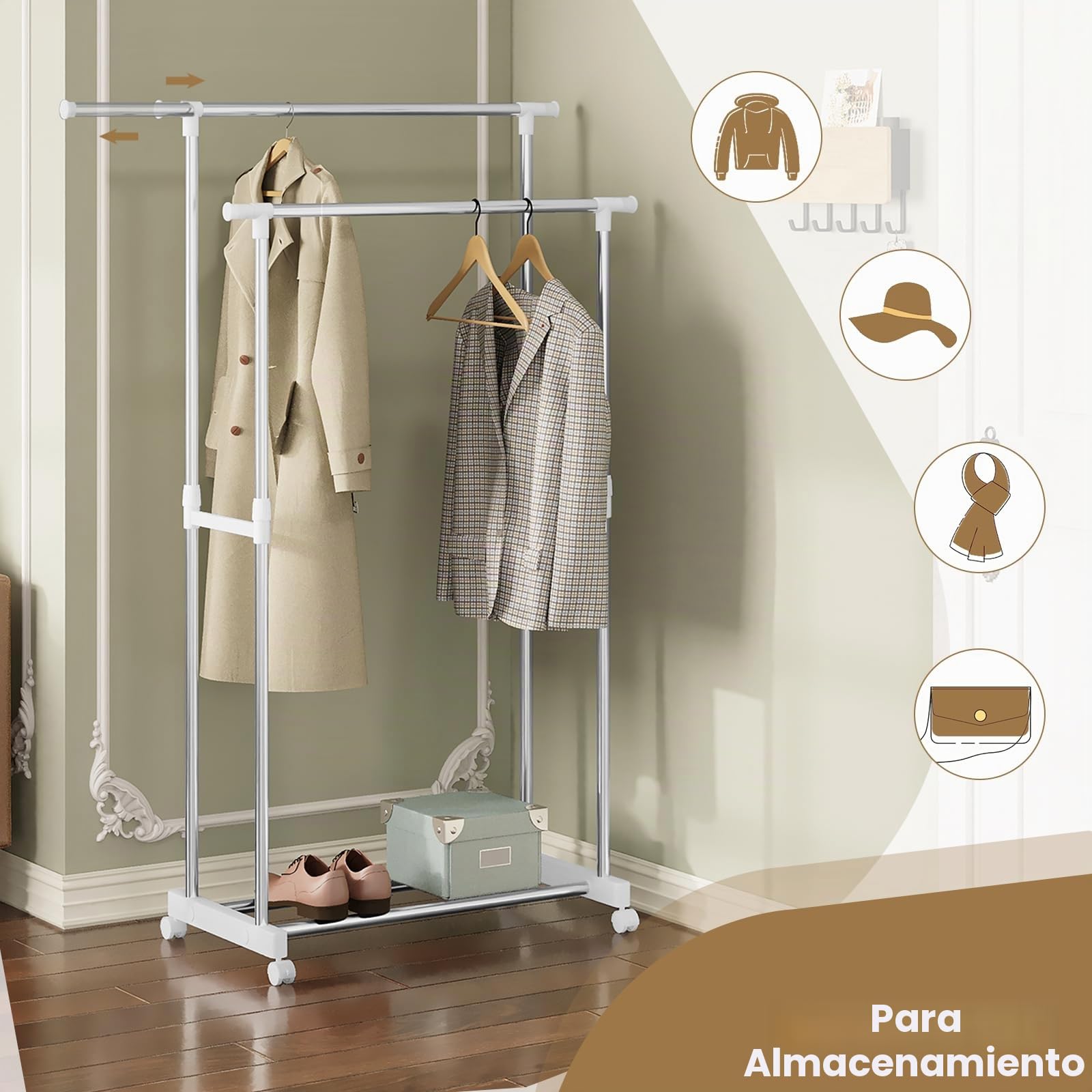 WOLTU Burro Ropa con Doble Barra, Perchero Extensible, Colgador de Ropa con Ruedas y Zapatero, Ajustable, (75,5–151,5) x(94–171) x42 cm, Plateado+Blanco, SRY63sb